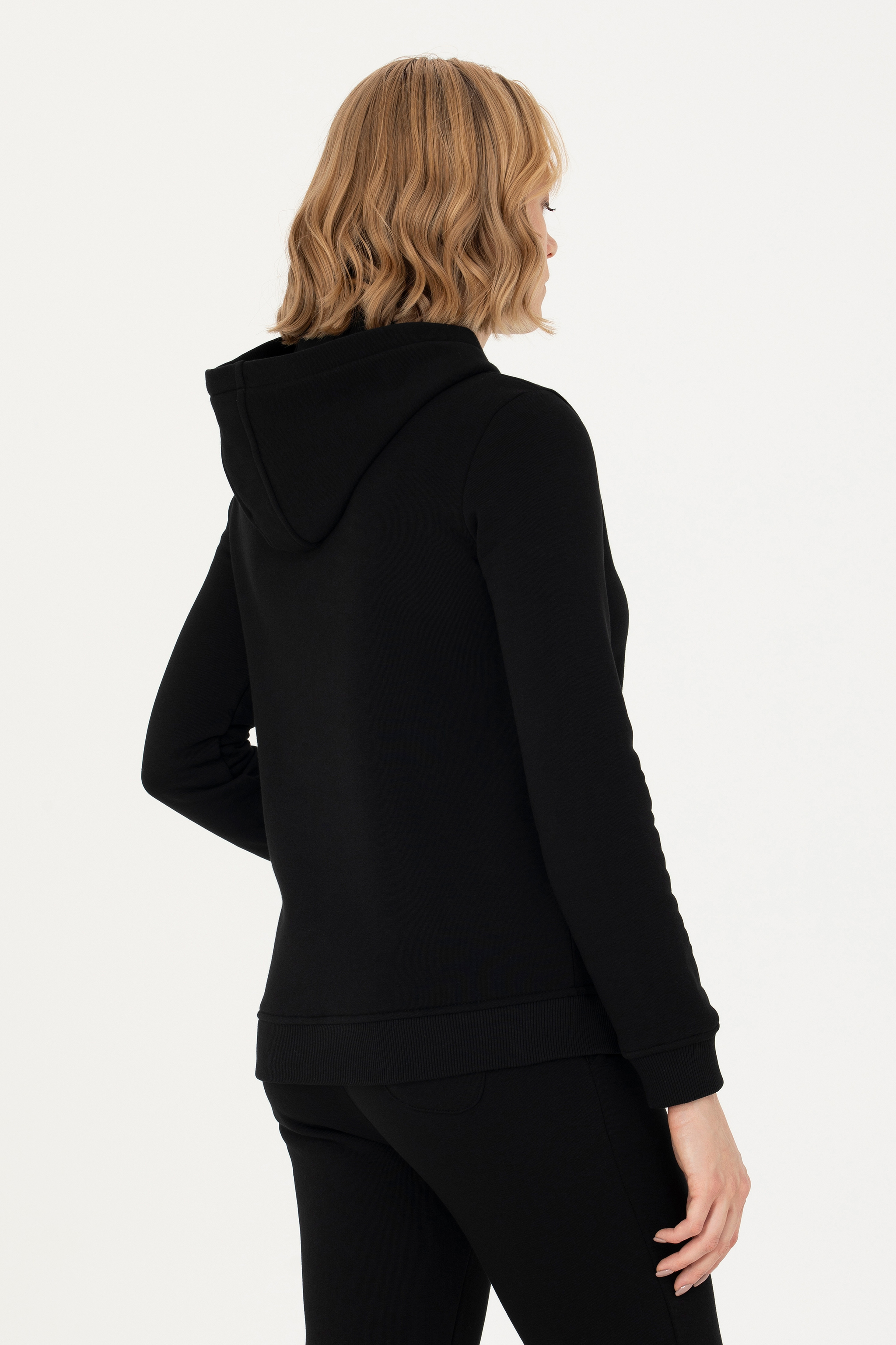 Kadın Siyah Kapüşonlu Basic Sweatshirt - Image 5