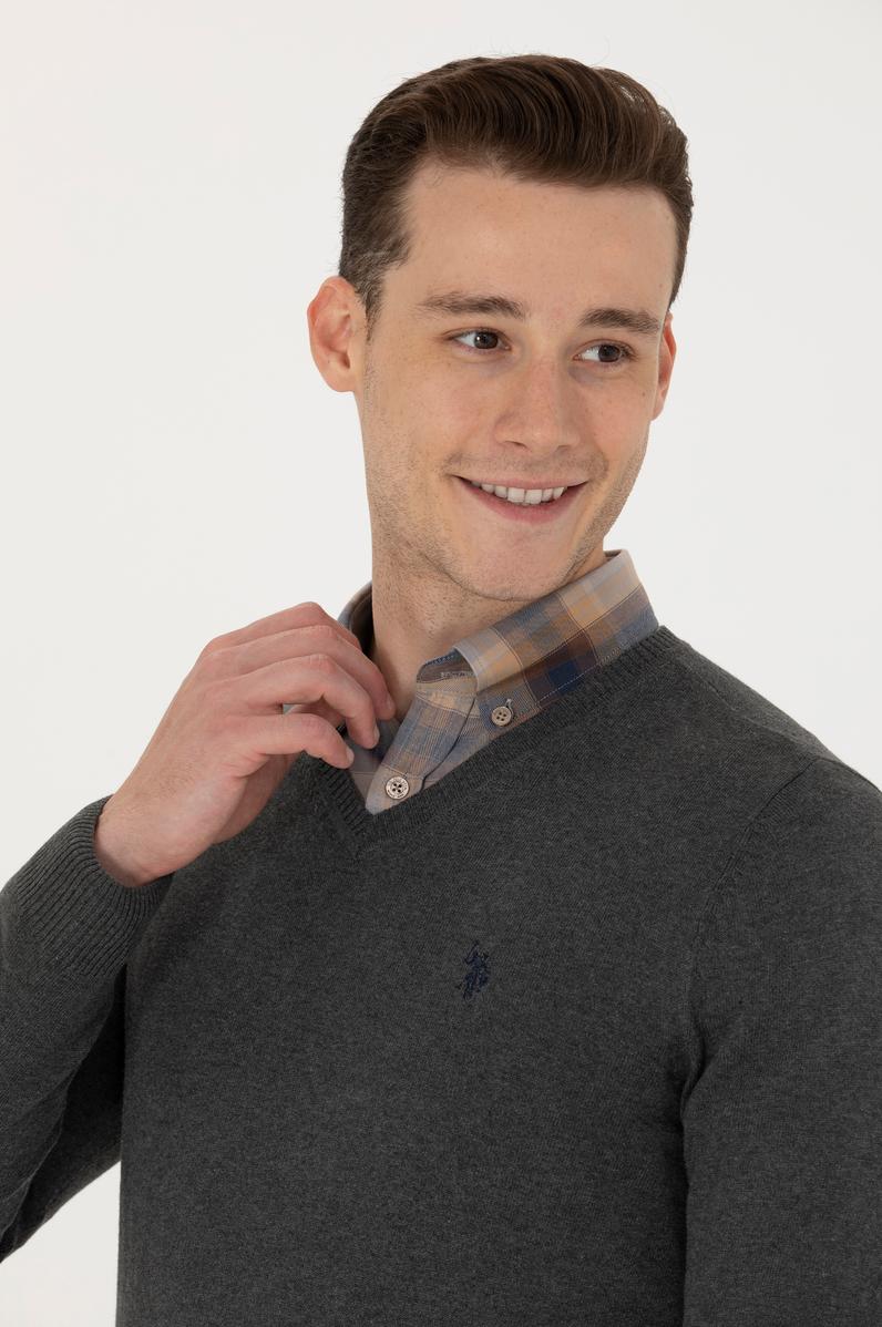 Erkek Antrasit Melanj V Yaka Kazak