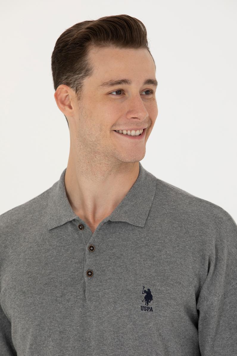 Erkek Gri Melanj Polo Yaka Kazak