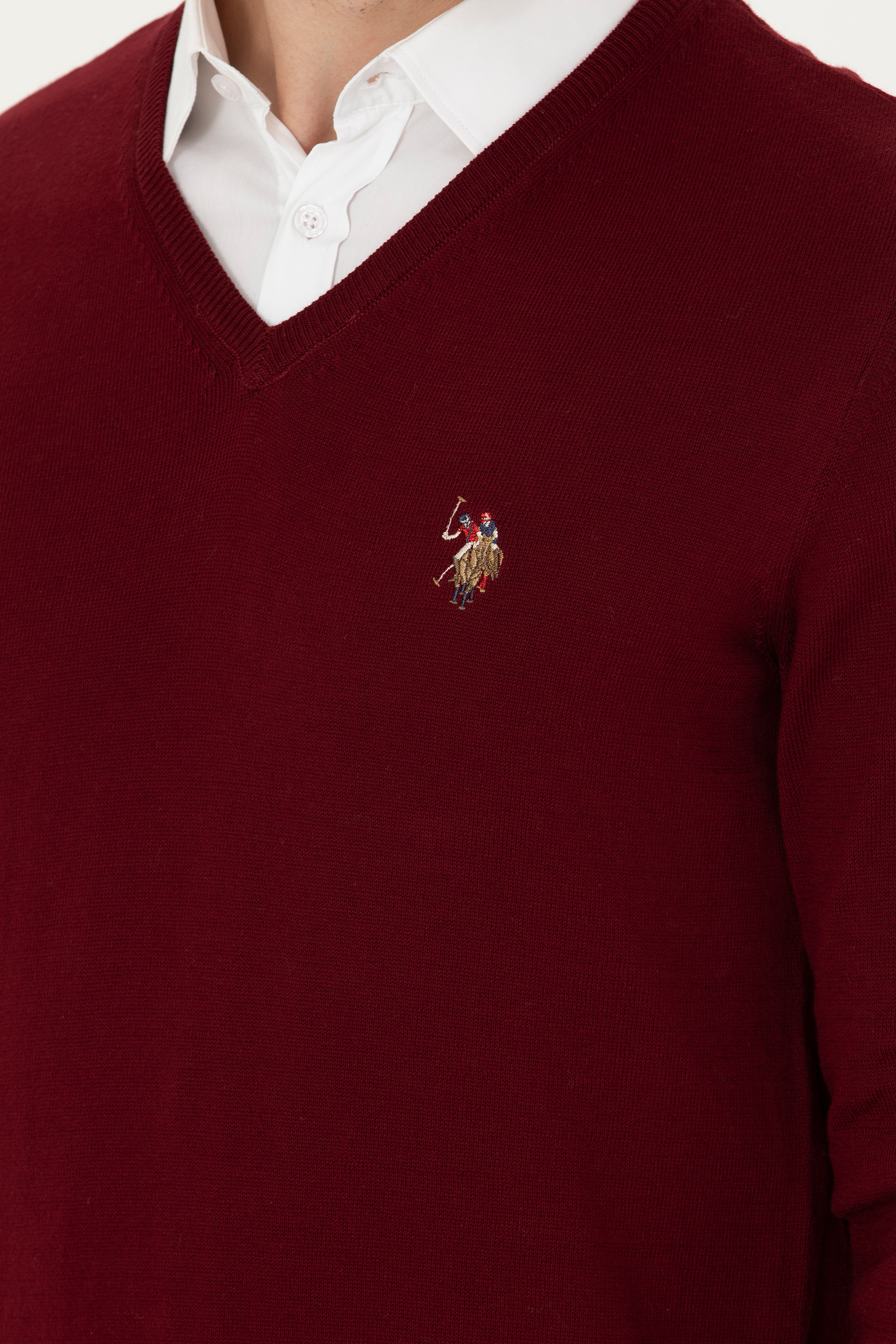 Erkek Slim Fit V Yaka Bordo Kazak