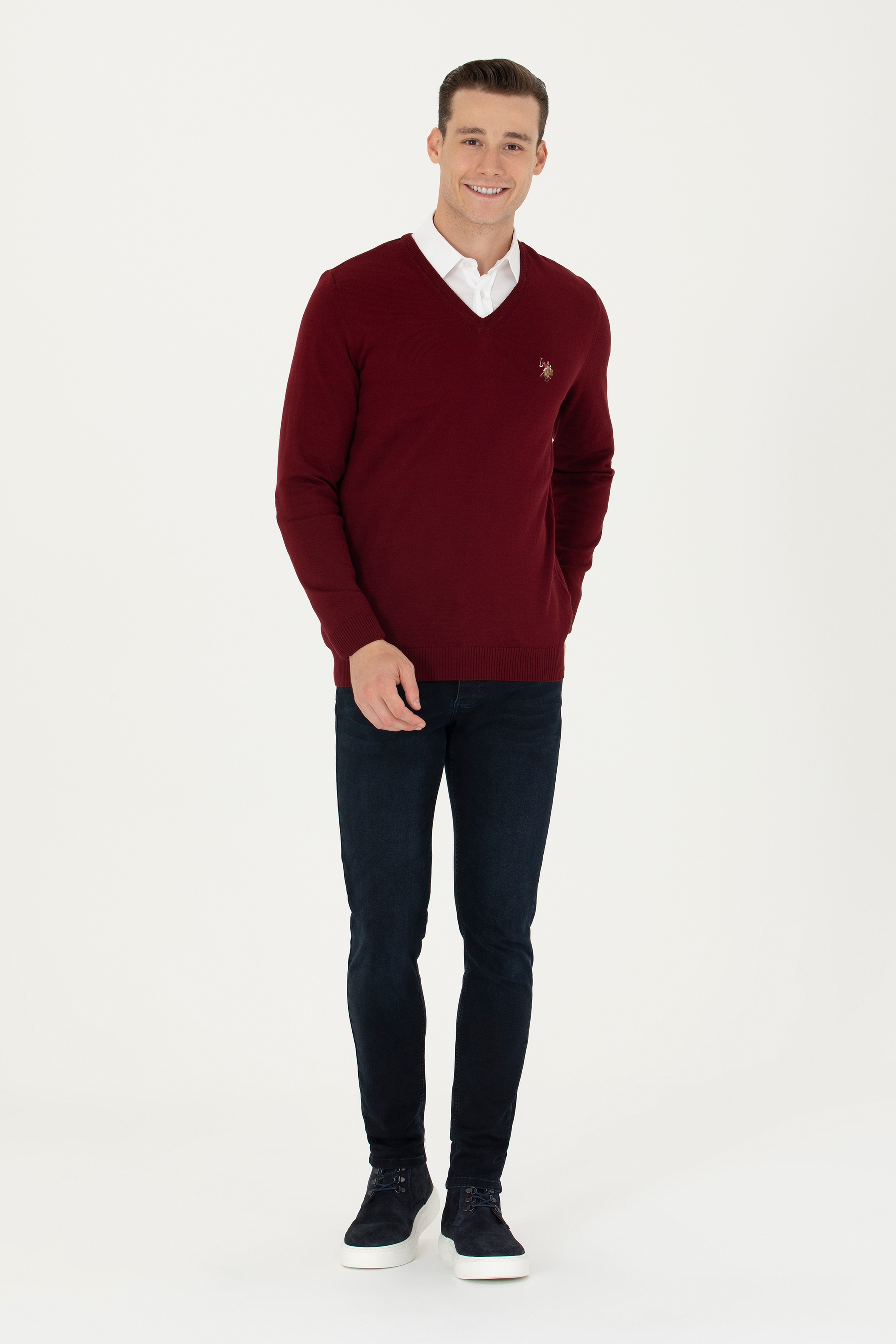 Erkek Slim Fit V Yaka Bordo Kazak - Image 4