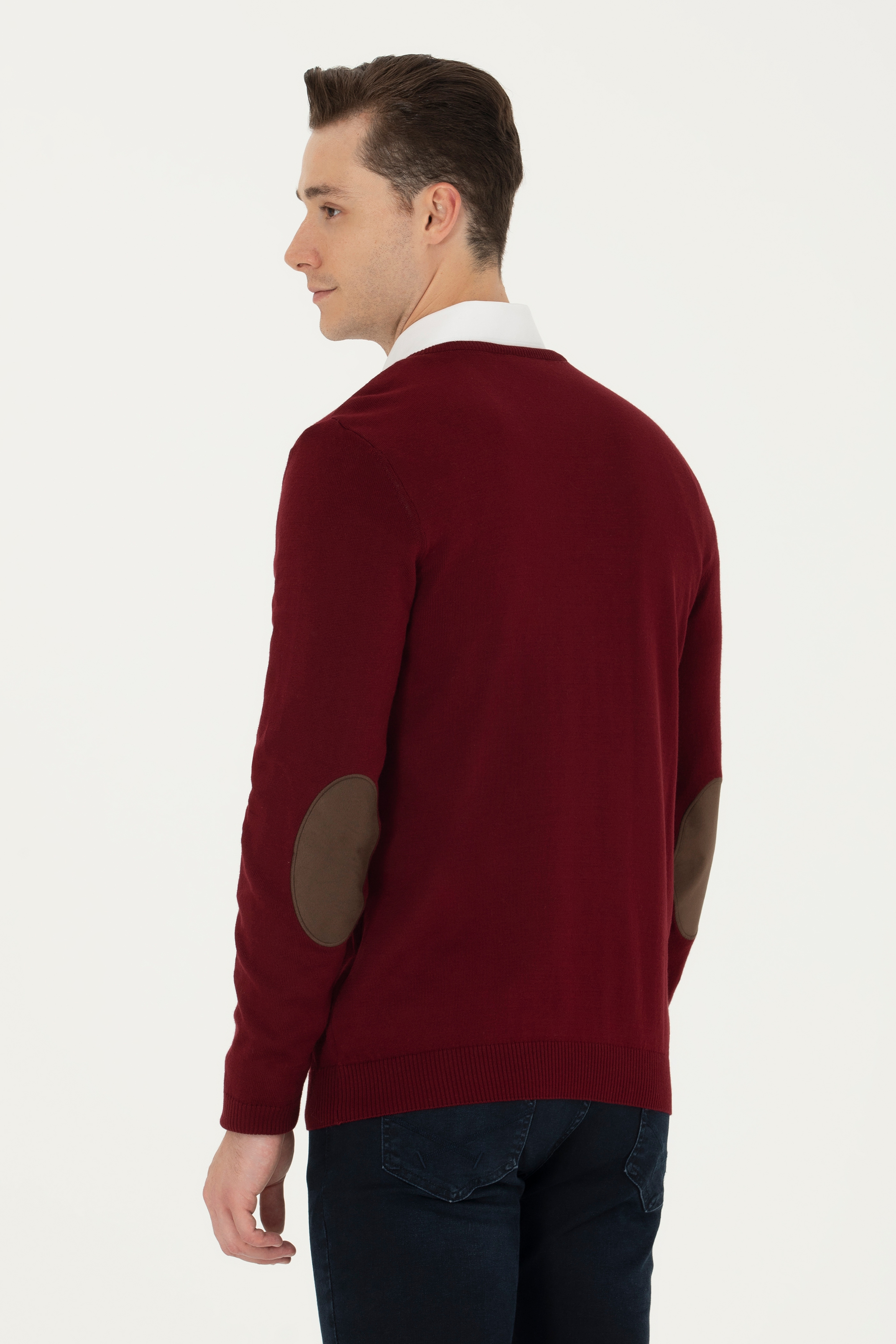 Erkek Slim Fit V Yaka Bordo Kazak - Image 5
