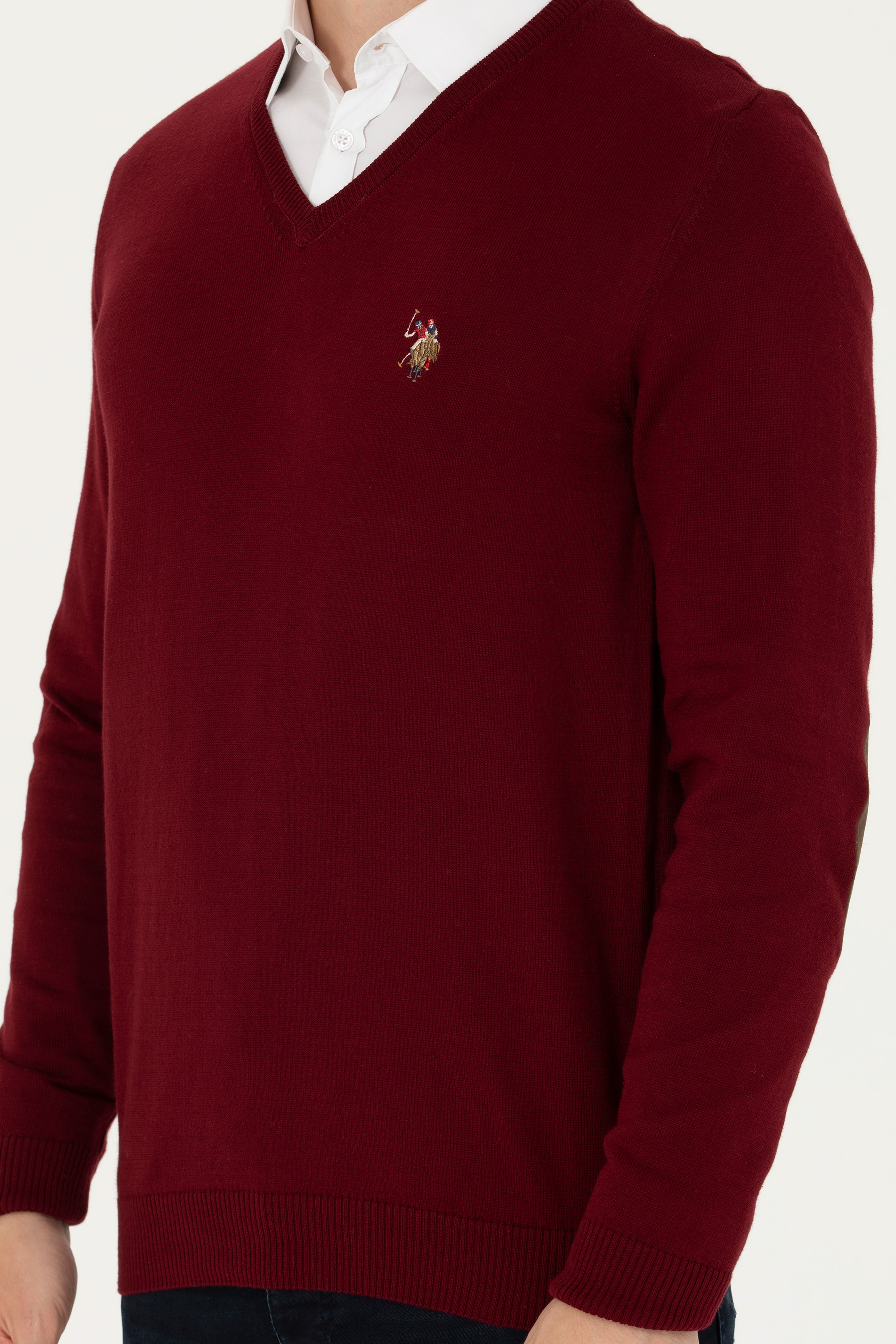Erkek Slim Fit V Yaka Bordo Kazak - Image 6