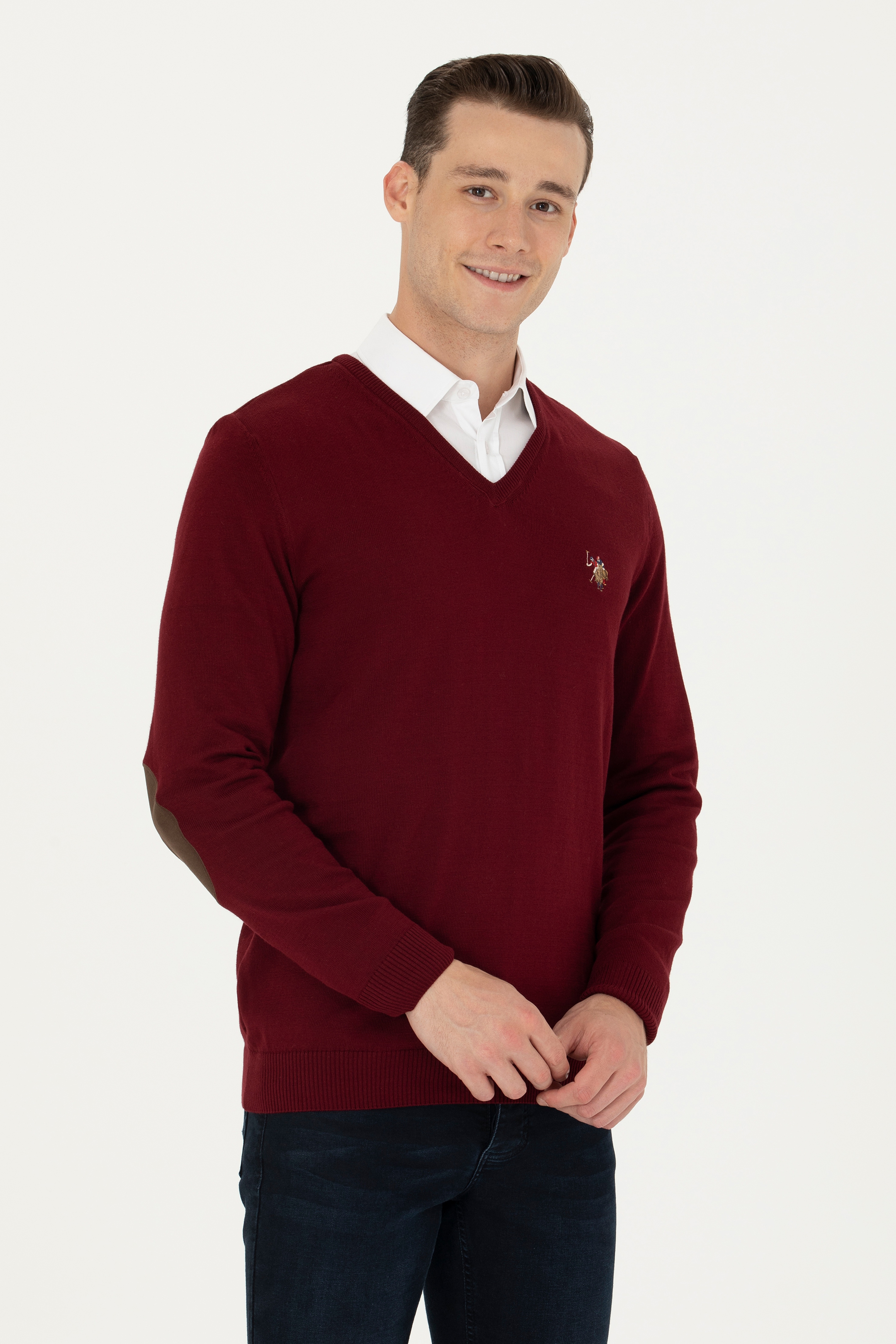 Erkek Slim Fit V Yaka Bordo Kazak