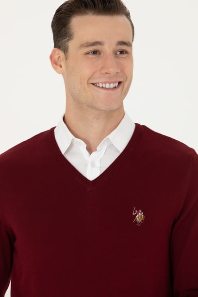 Erkek Slim Fit V Yaka Bordo Kazak