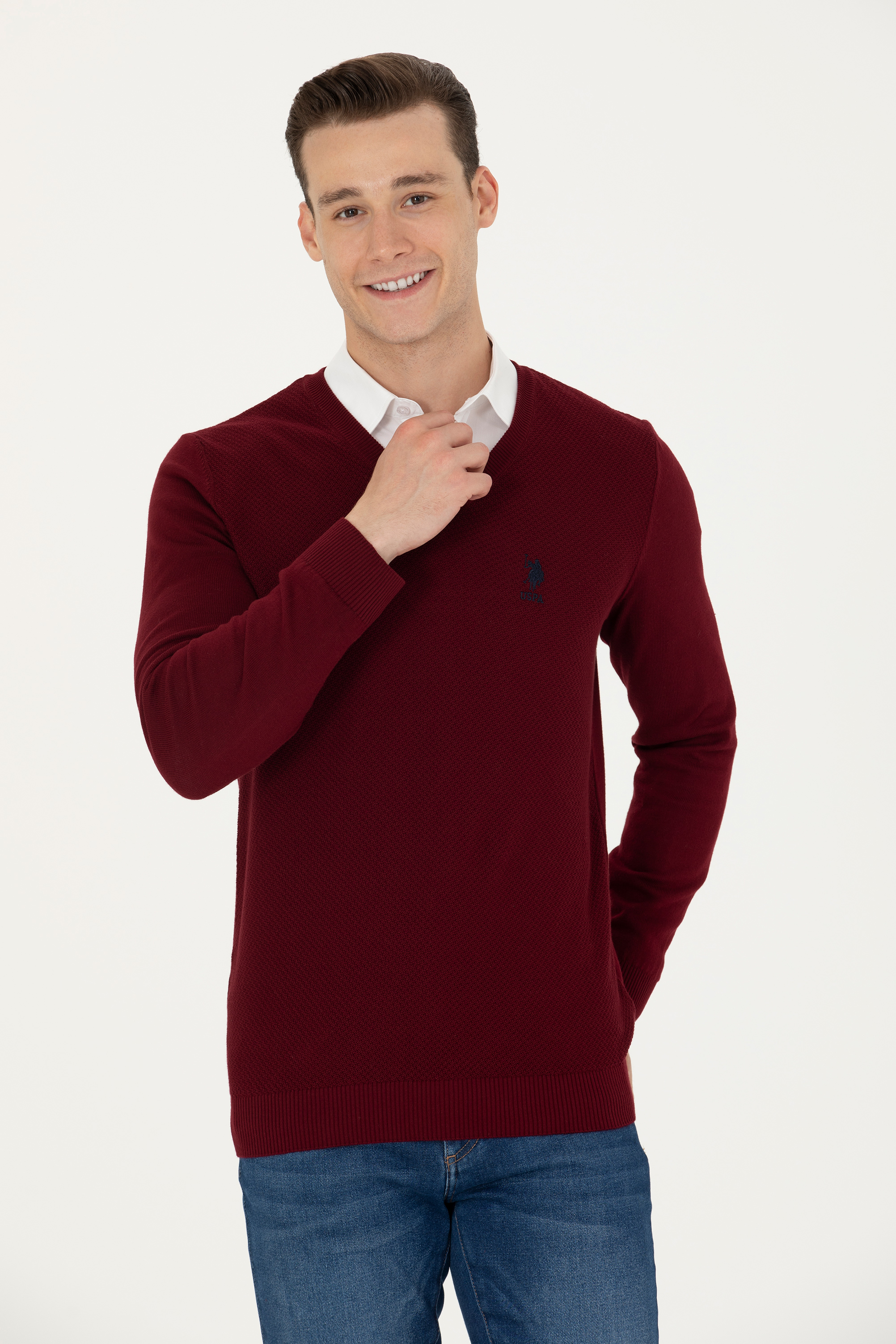 Erkek Slim Fit V Yaka Bordo Kazak - Image 1