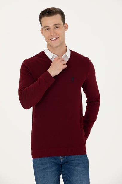 Erkek Slim Fit V Yaka Bordo Kazak