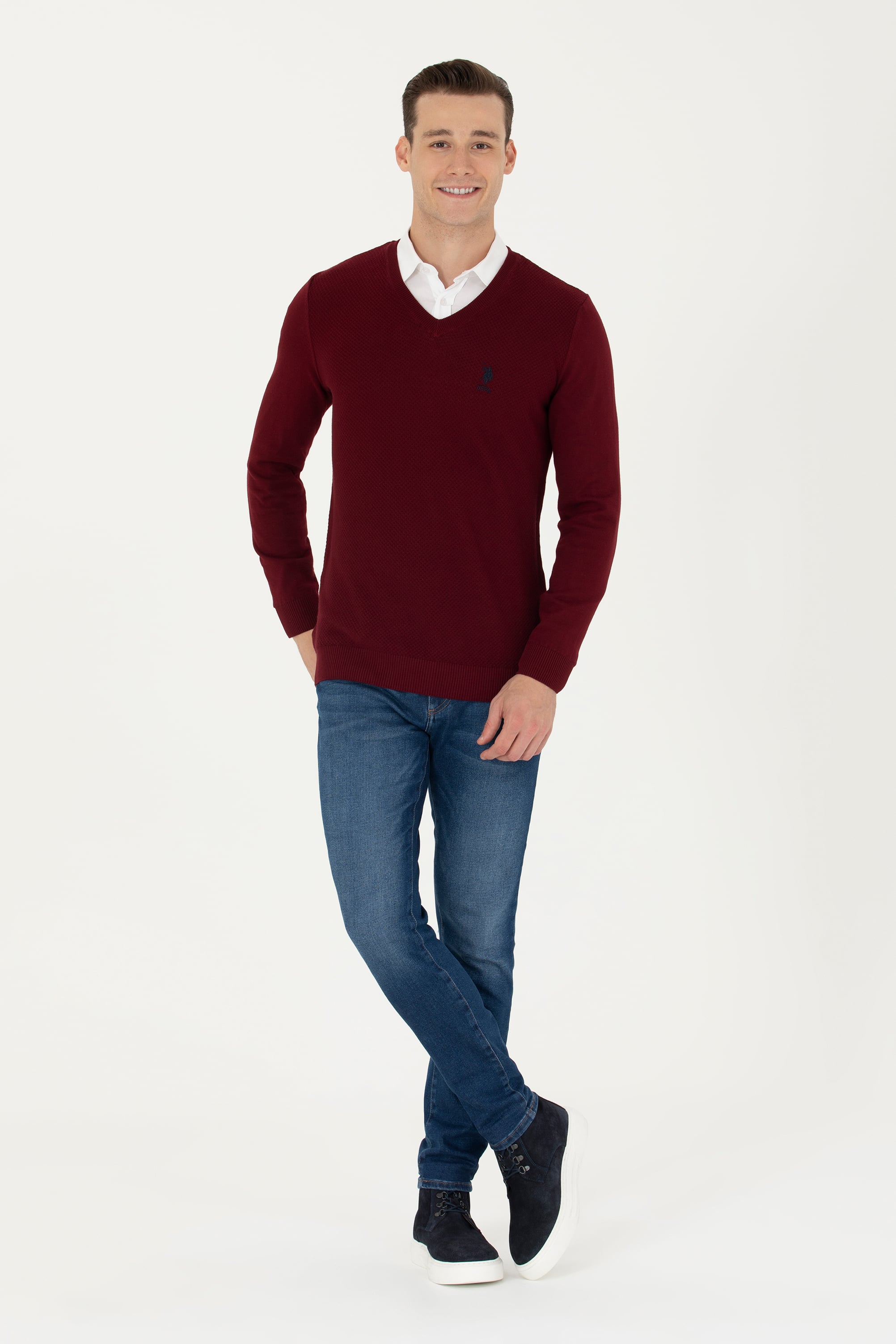 Erkek Slim Fit V Yaka Bordo Kazak