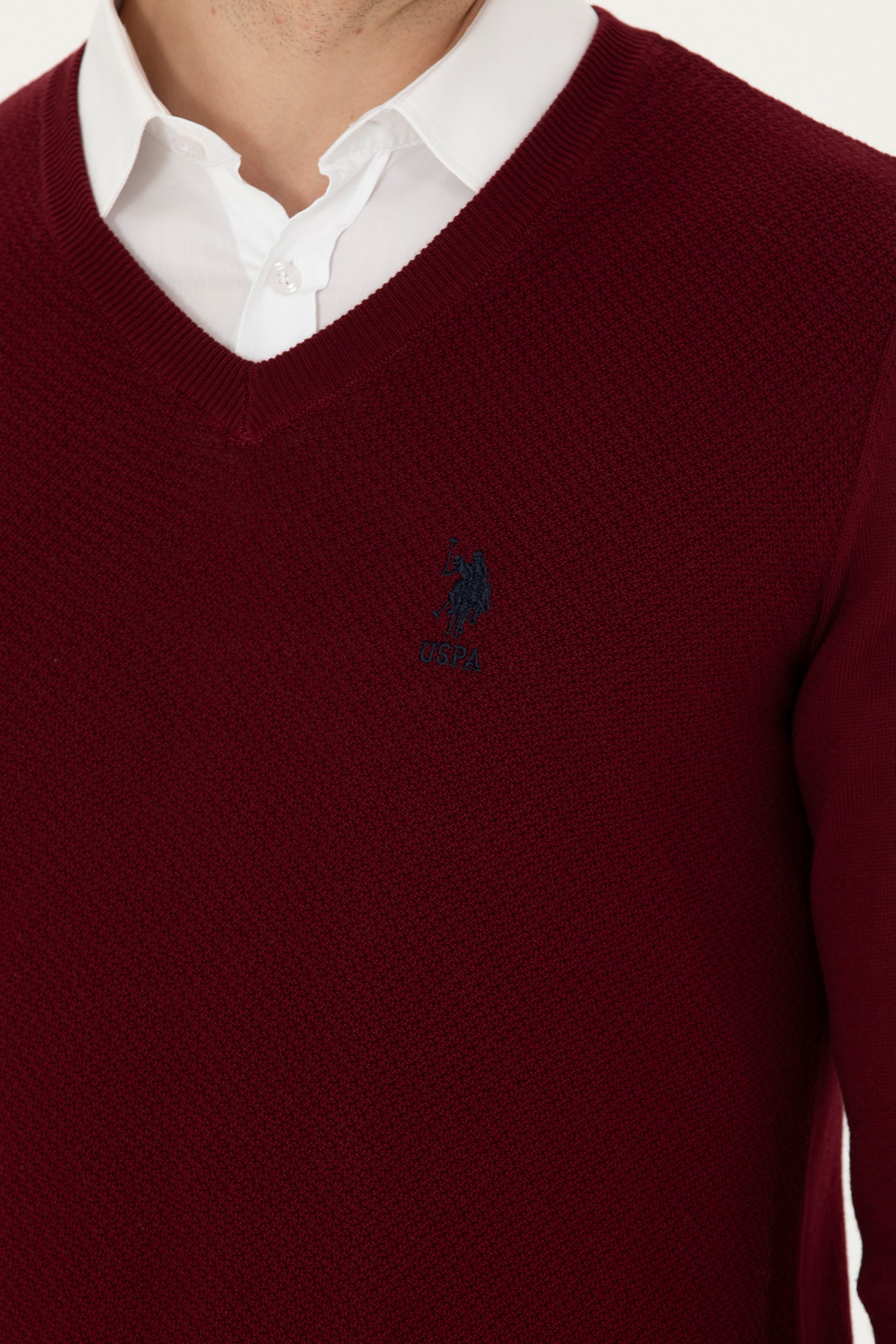Erkek Slim Fit V Yaka Bordo Kazak - Image 7