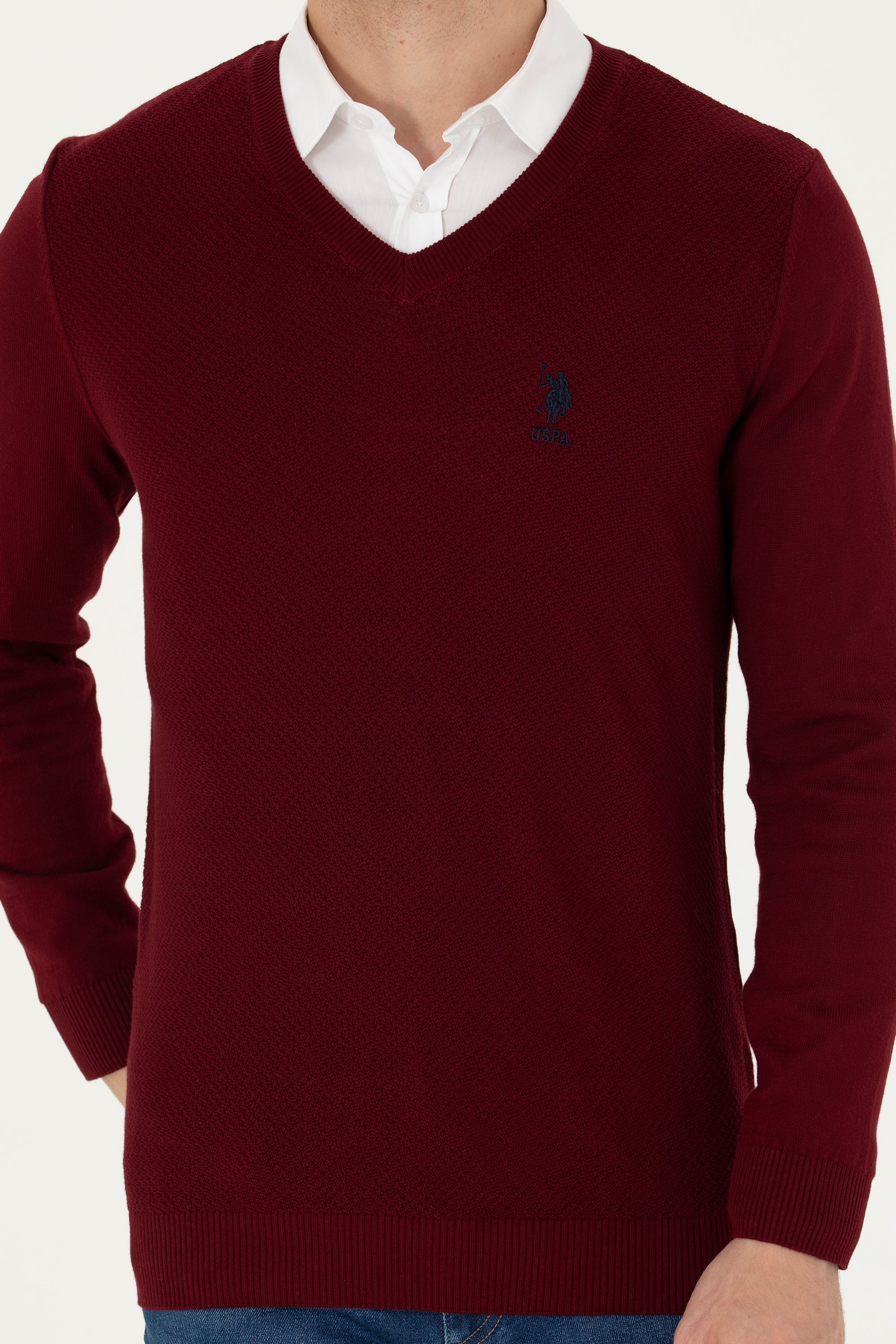 Erkek Slim Fit V Yaka Bordo Kazak