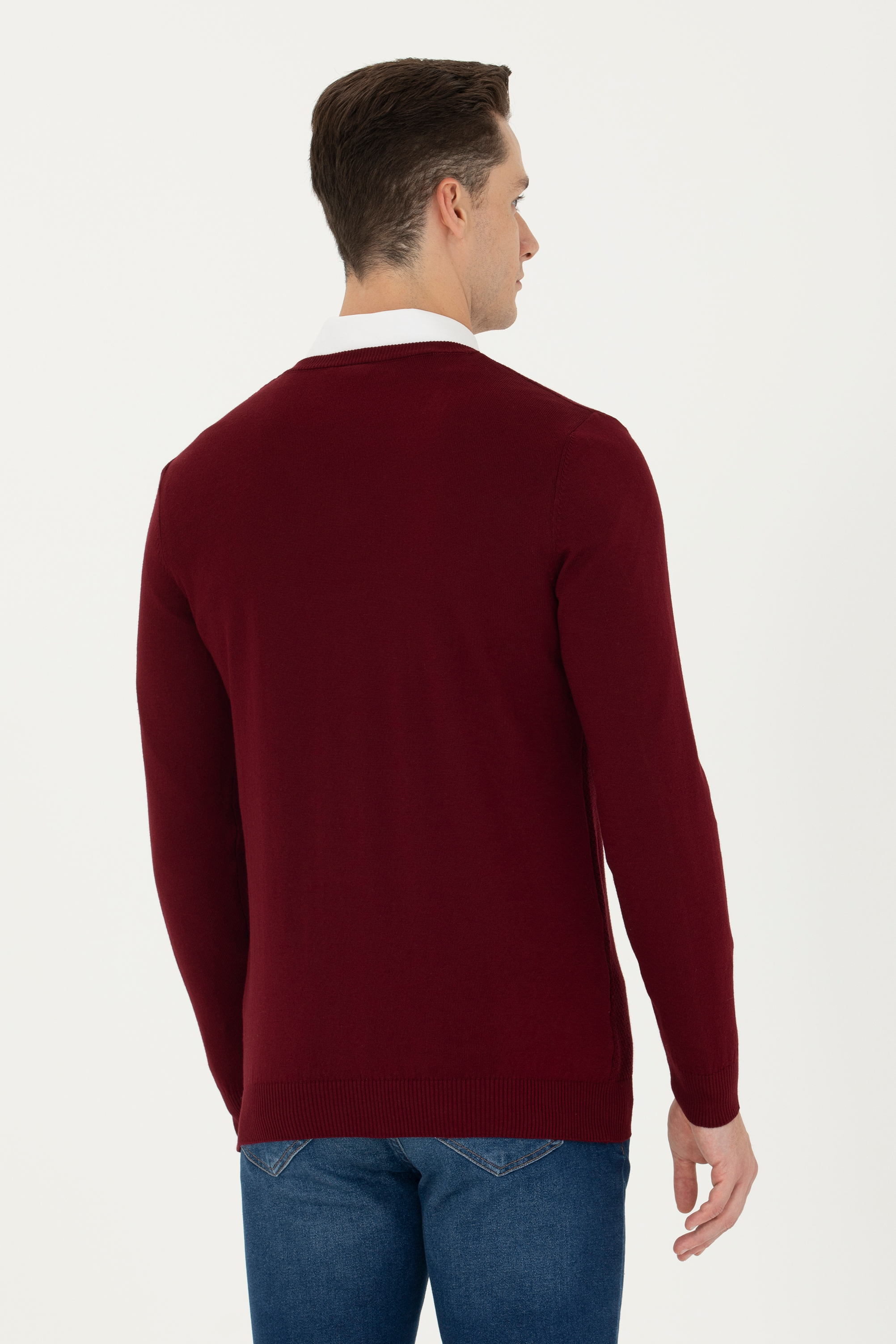 Erkek Slim Fit V Yaka Bordo Kazak