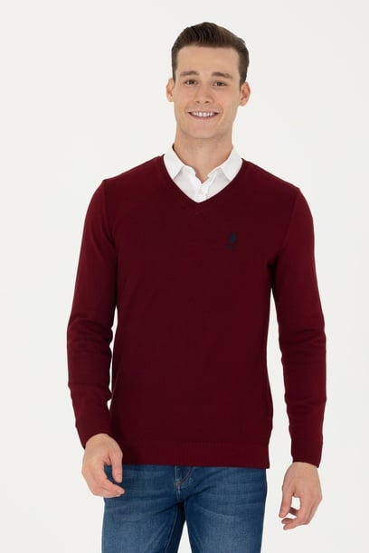 Erkek Slim Fit V Yaka Bordo Kazak
