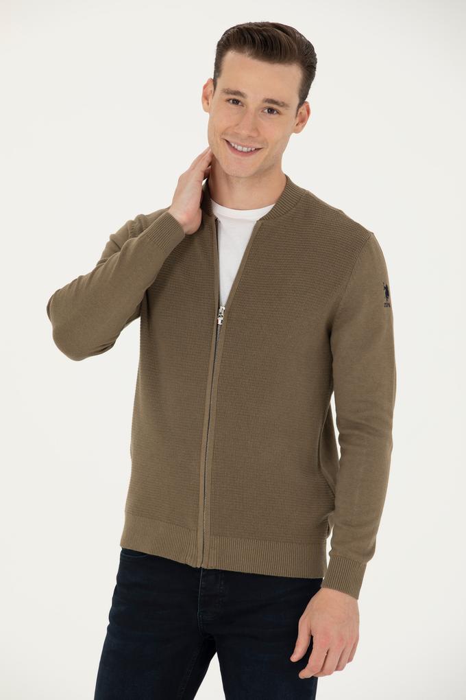 Erkek Haki Melanj Basic Triko Hırka