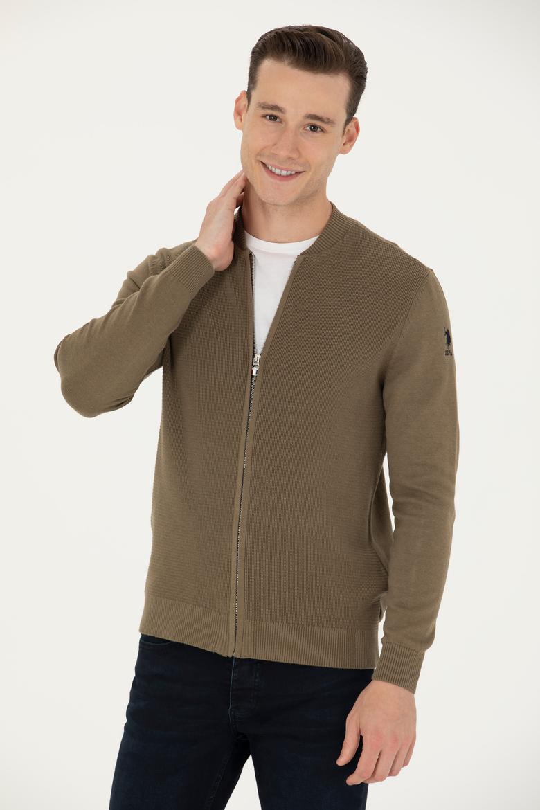 Erkek Haki Melanj Basic Triko Hırka