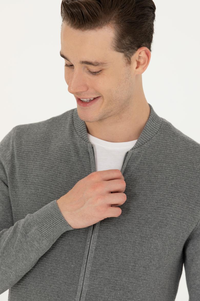 Erkek Gri Melanj Basic Triko Hırka - 50269410005