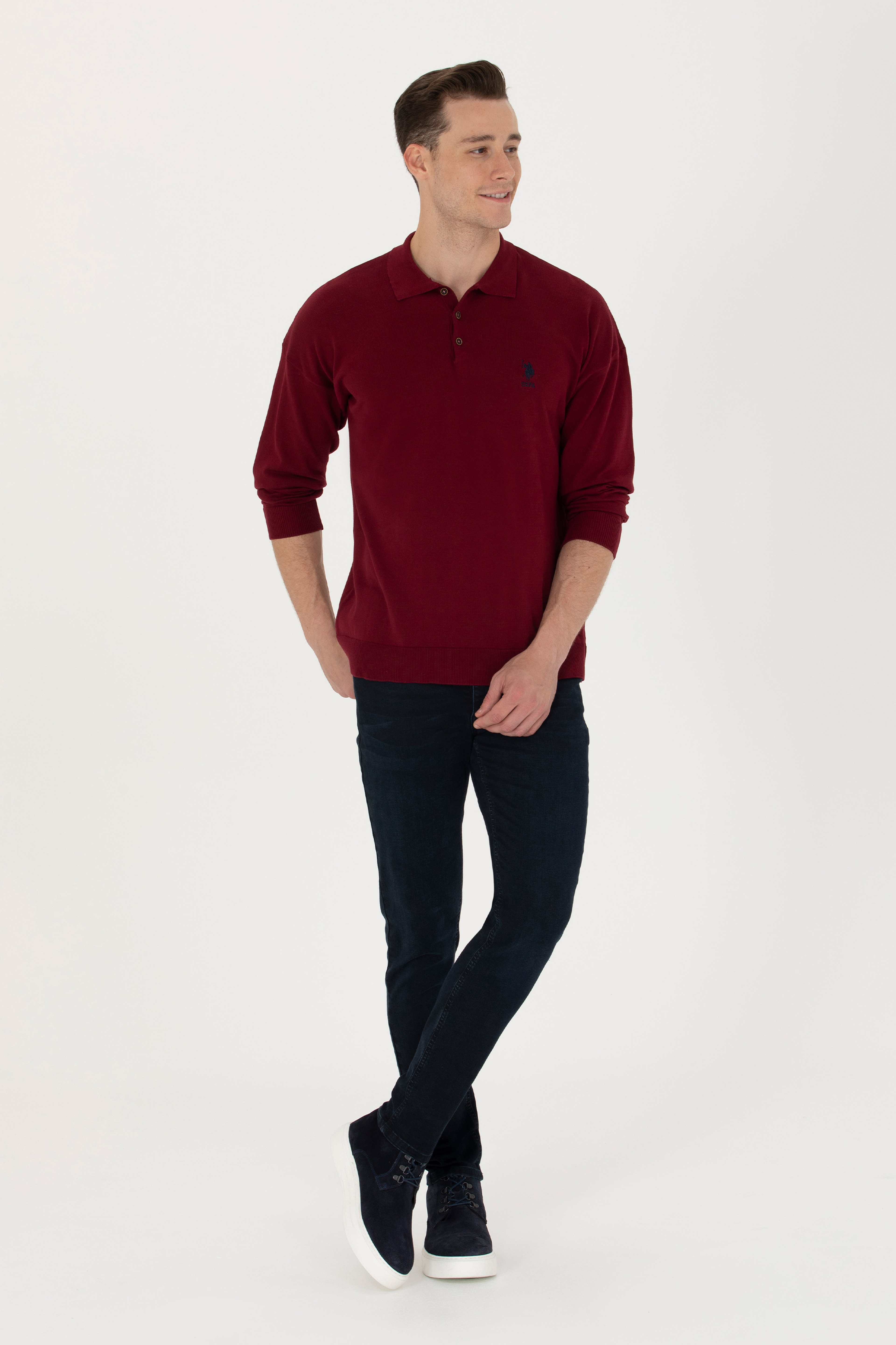 Erkek Bordo Polo Yaka Kazak