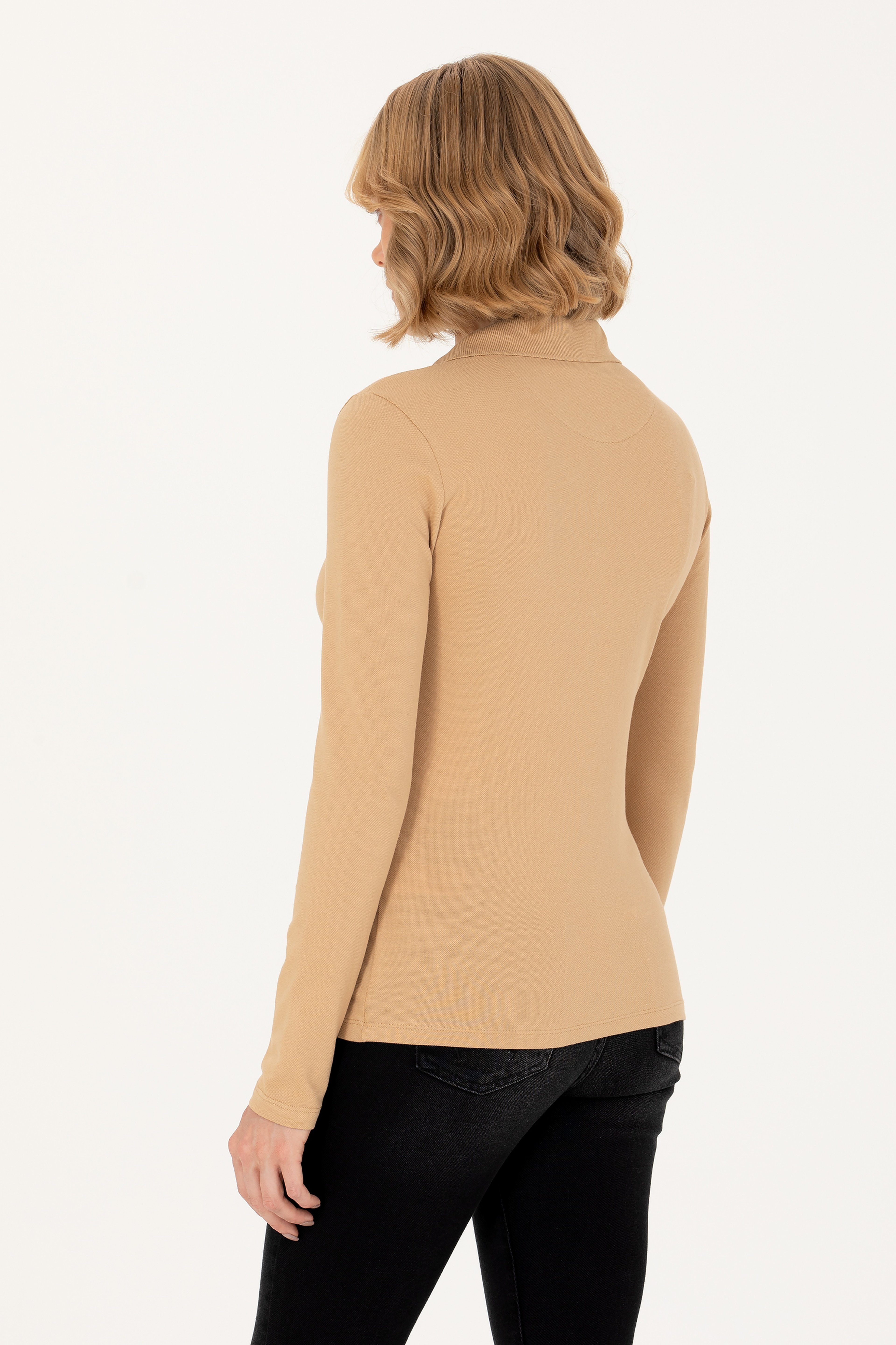 Kadın Kum Basic Polo Yaka Sweatshirt - Image 5