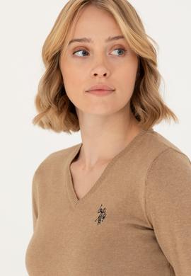 Kadın Camel Melanj V Yaka Basic  Kazak - 50276570022