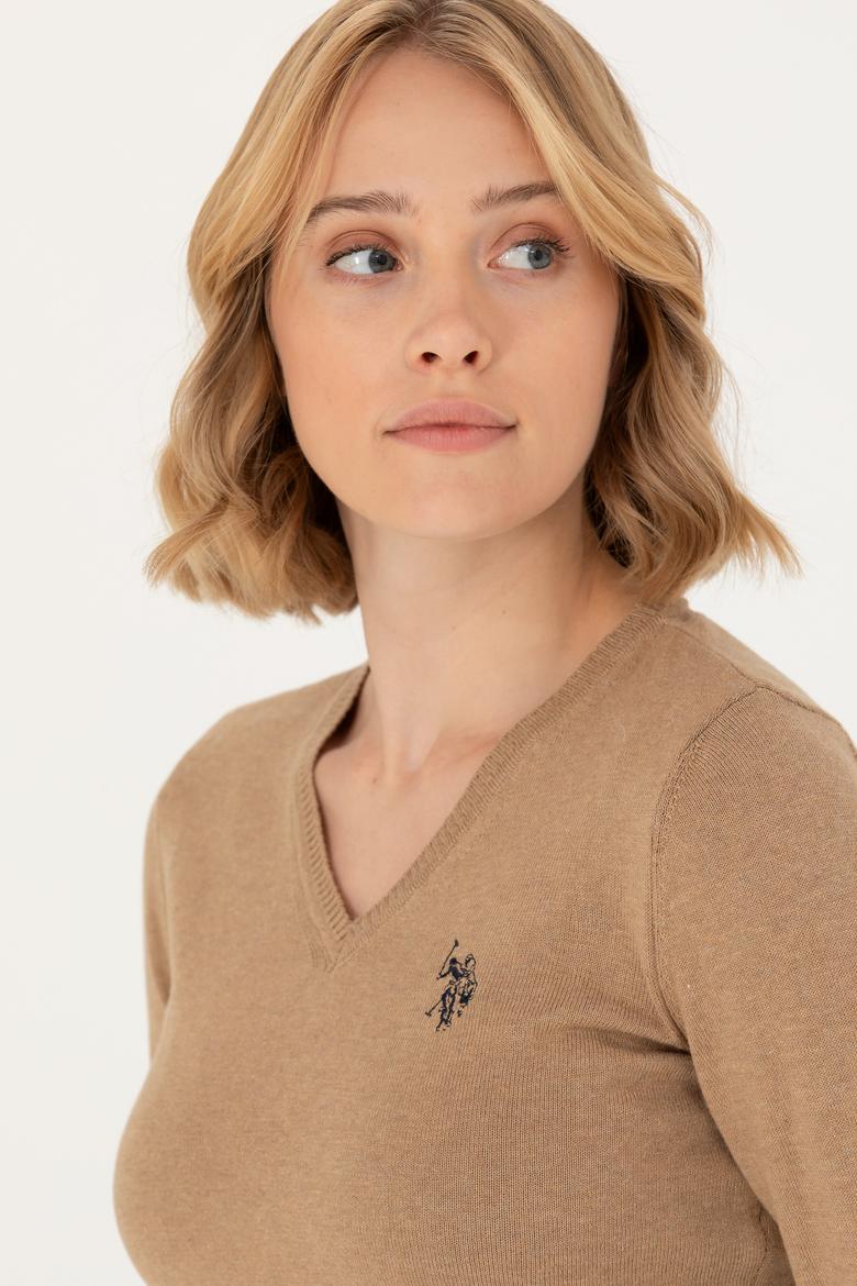 Kadın Camel Melanj V Yaka Basic  Kazak - 50276570022