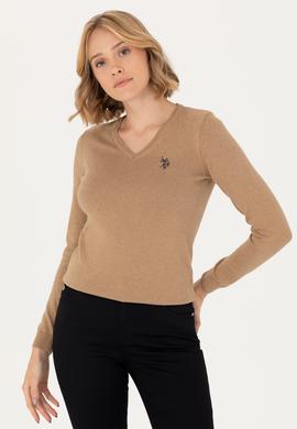 Kadın Camel Melanj V Yaka Basic  Kazak - 50276570022