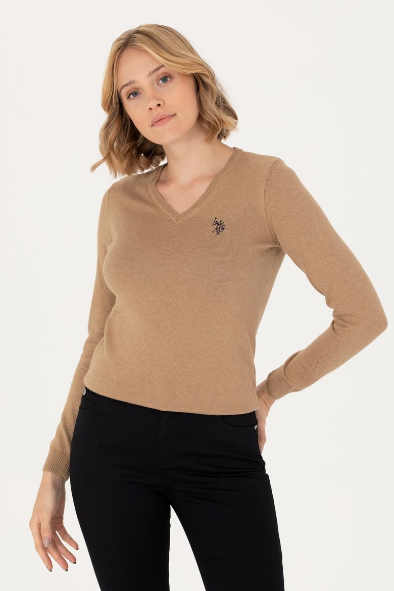 Kadın Camel Melanj V Yaka Basic  Kazak - 50276570022