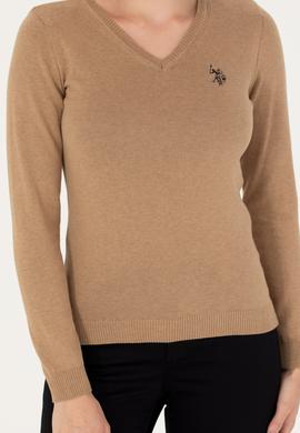 Kadın Camel Melanj V Yaka Basic  Kazak - 50276570022