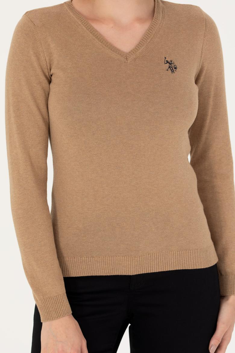 Kadın Camel Melanj V Yaka Basic  Kazak - 50276570022