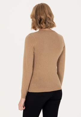 Kadın Camel Melanj V Yaka Basic  Kazak - 50276570022