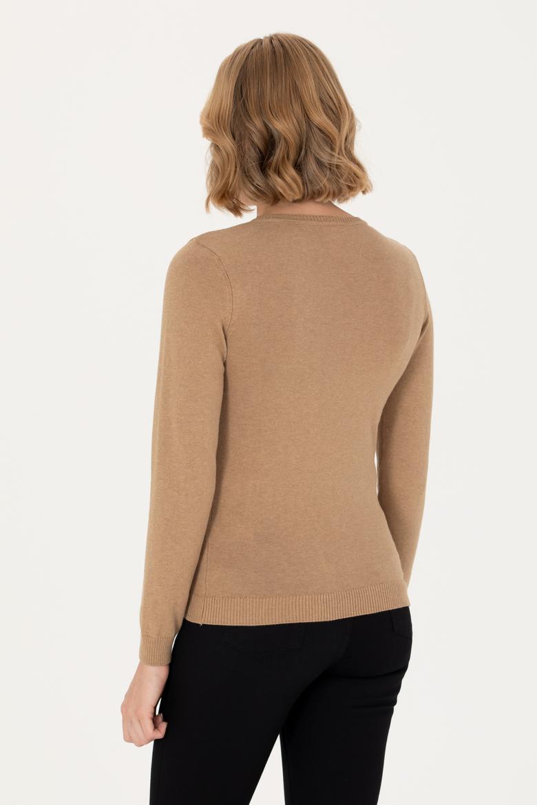 Kadın Camel Melanj V Yaka Basic  Kazak - 50276570022