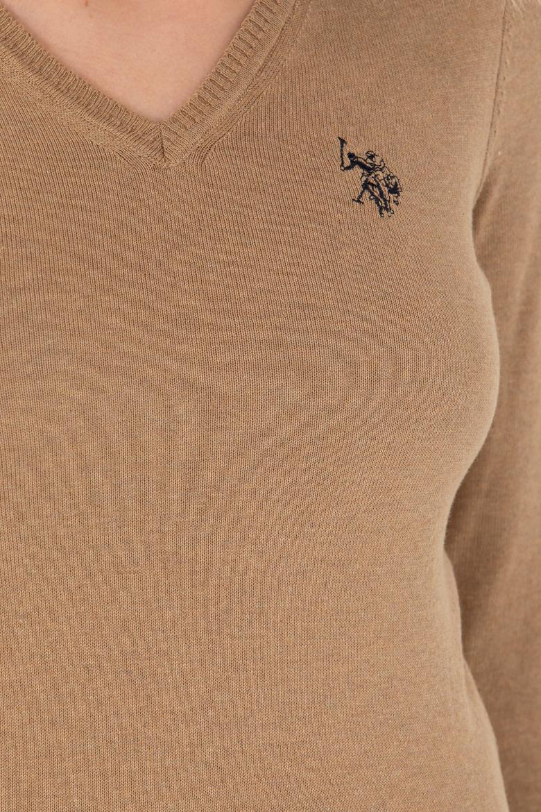 Kadın Camel Melanj V Yaka Basic  Kazak - 50276570022