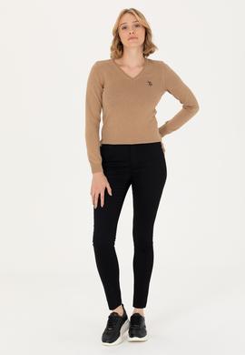 Kadın Camel Melanj V Yaka Basic  Kazak - 50276570022