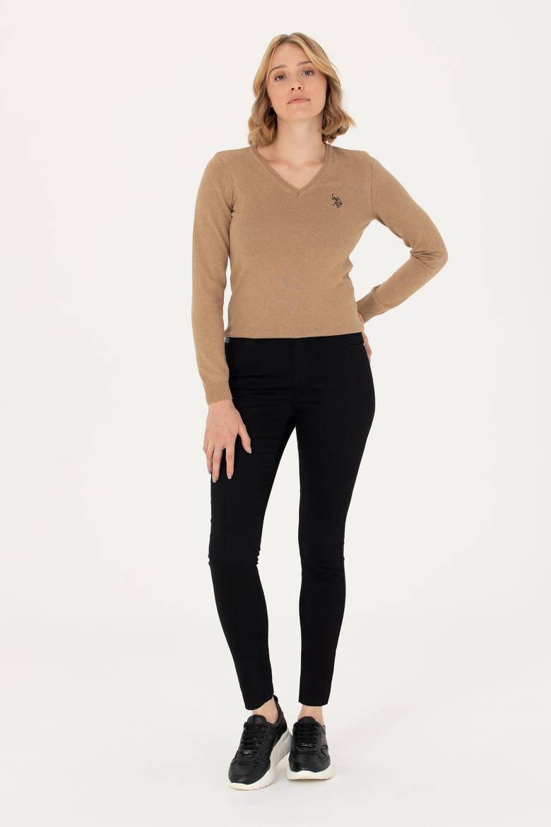 Kadın Camel Melanj V Yaka Basic  Kazak - 50276570022