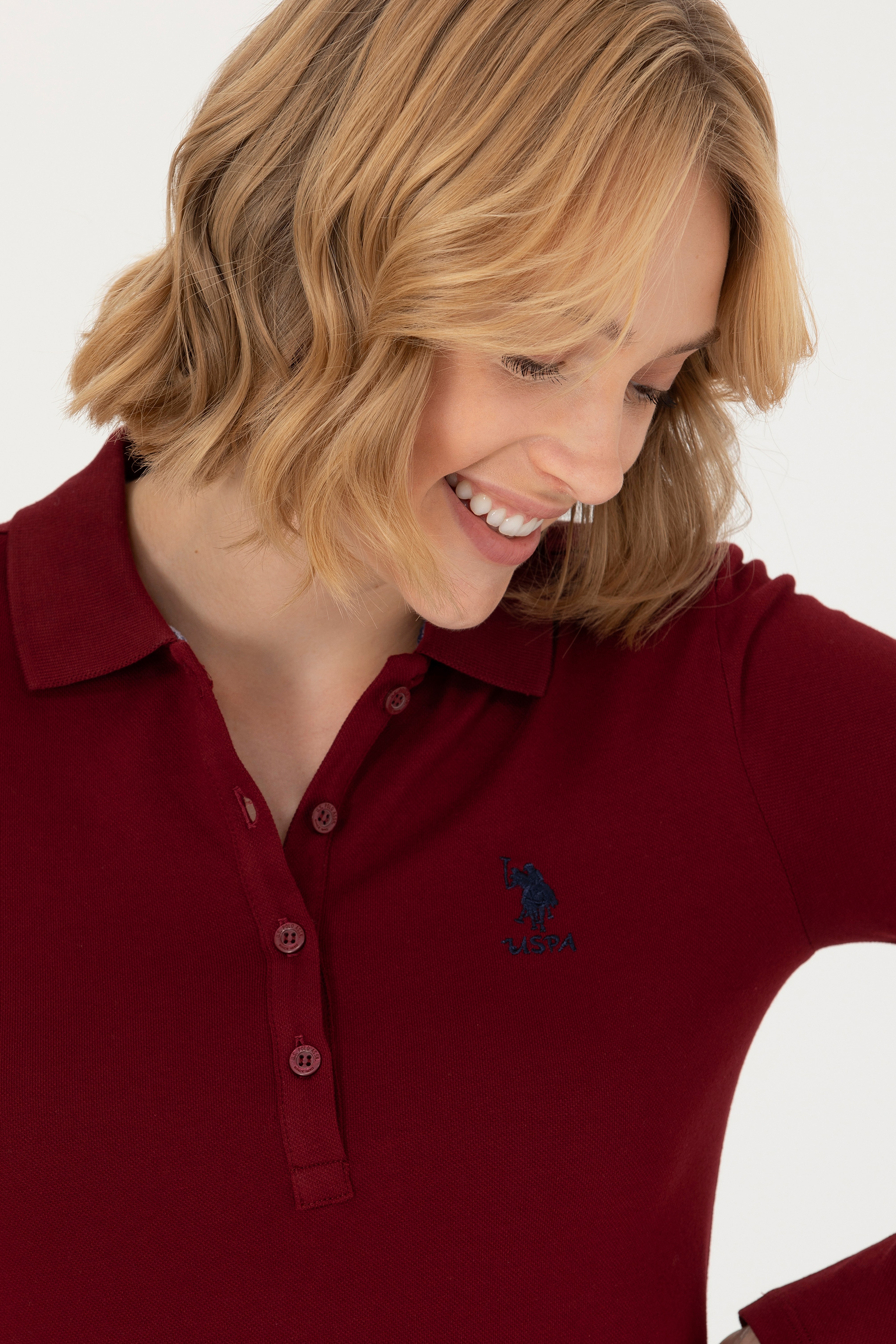 Kadın Bordo Basic Polo Yaka Sweatshirt - Image 2
