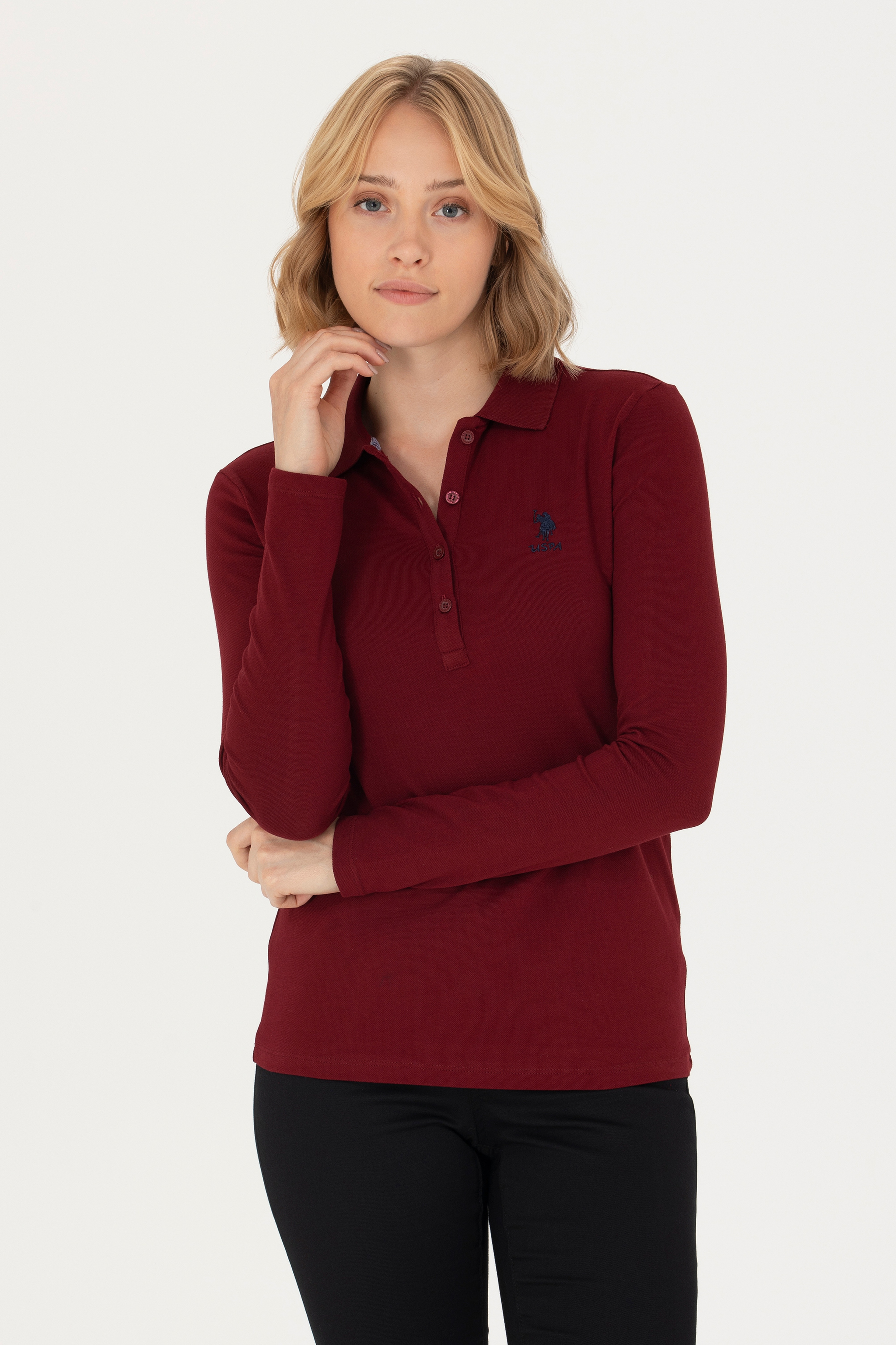 Kadın Bordo Basic Polo Yaka Sweatshirt - Image 1