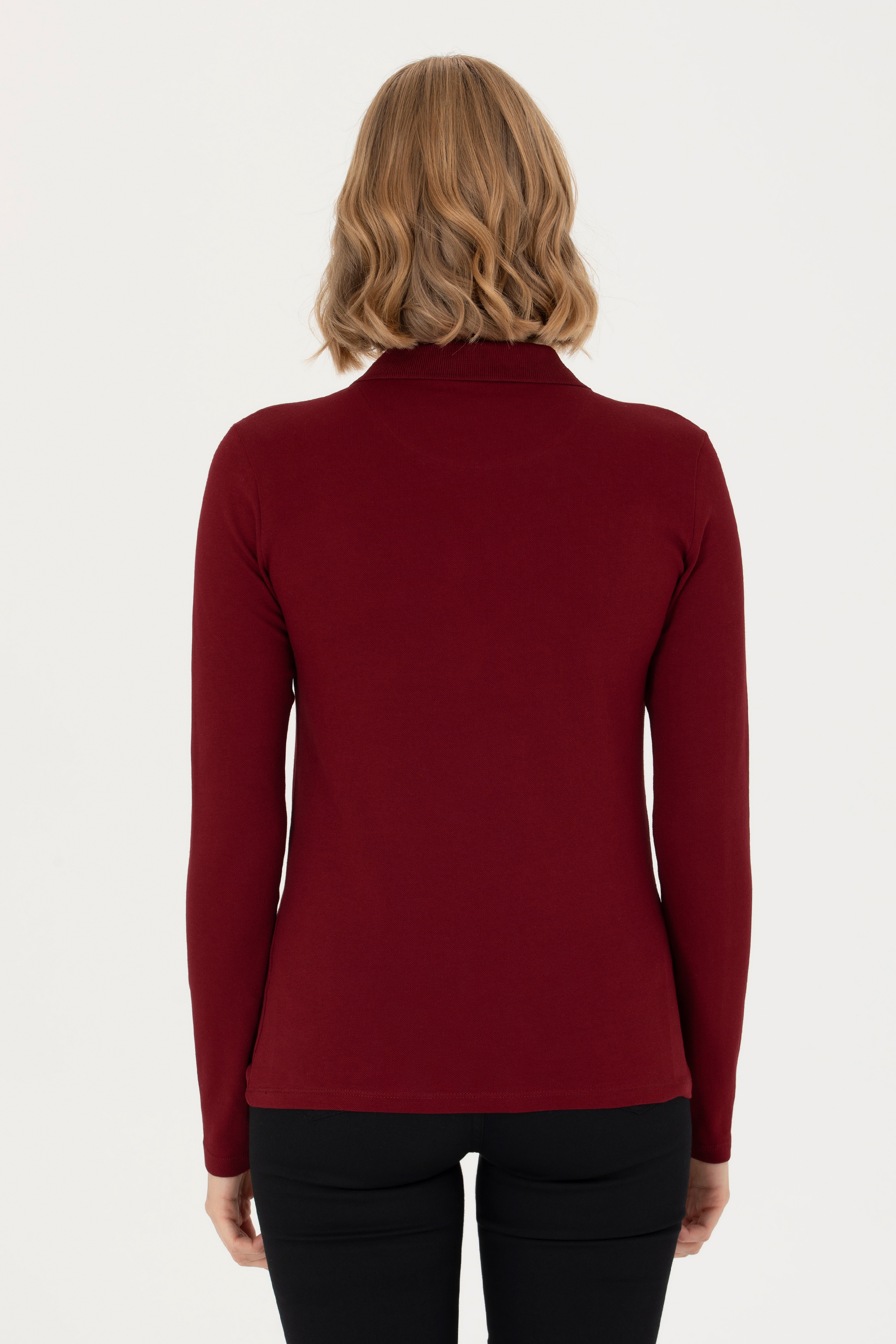 Kadın Bordo Basic Polo Yaka Sweatshirt - Image 5