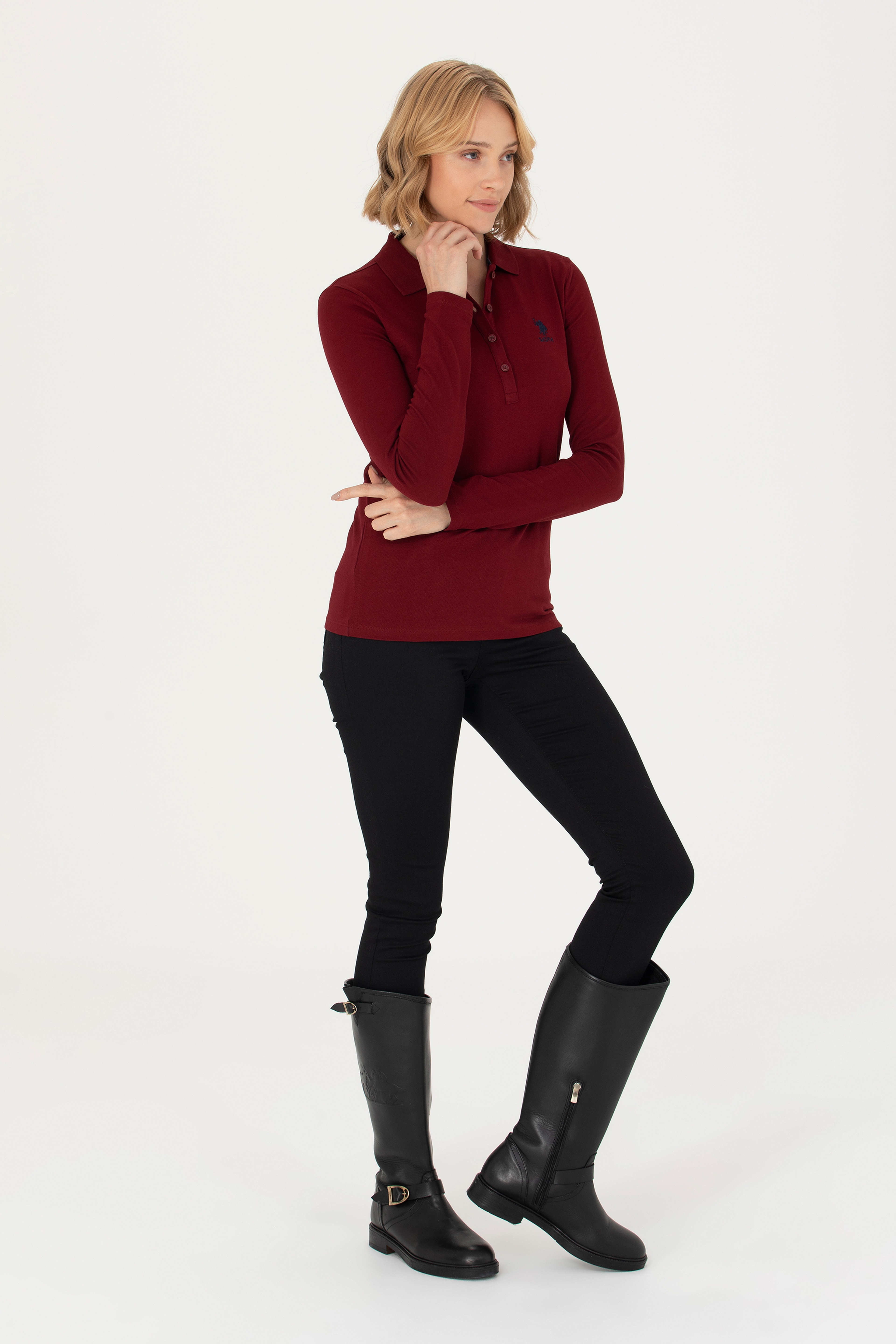 Kadın Bordo Basic Polo Yaka Sweatshirt - Image 4