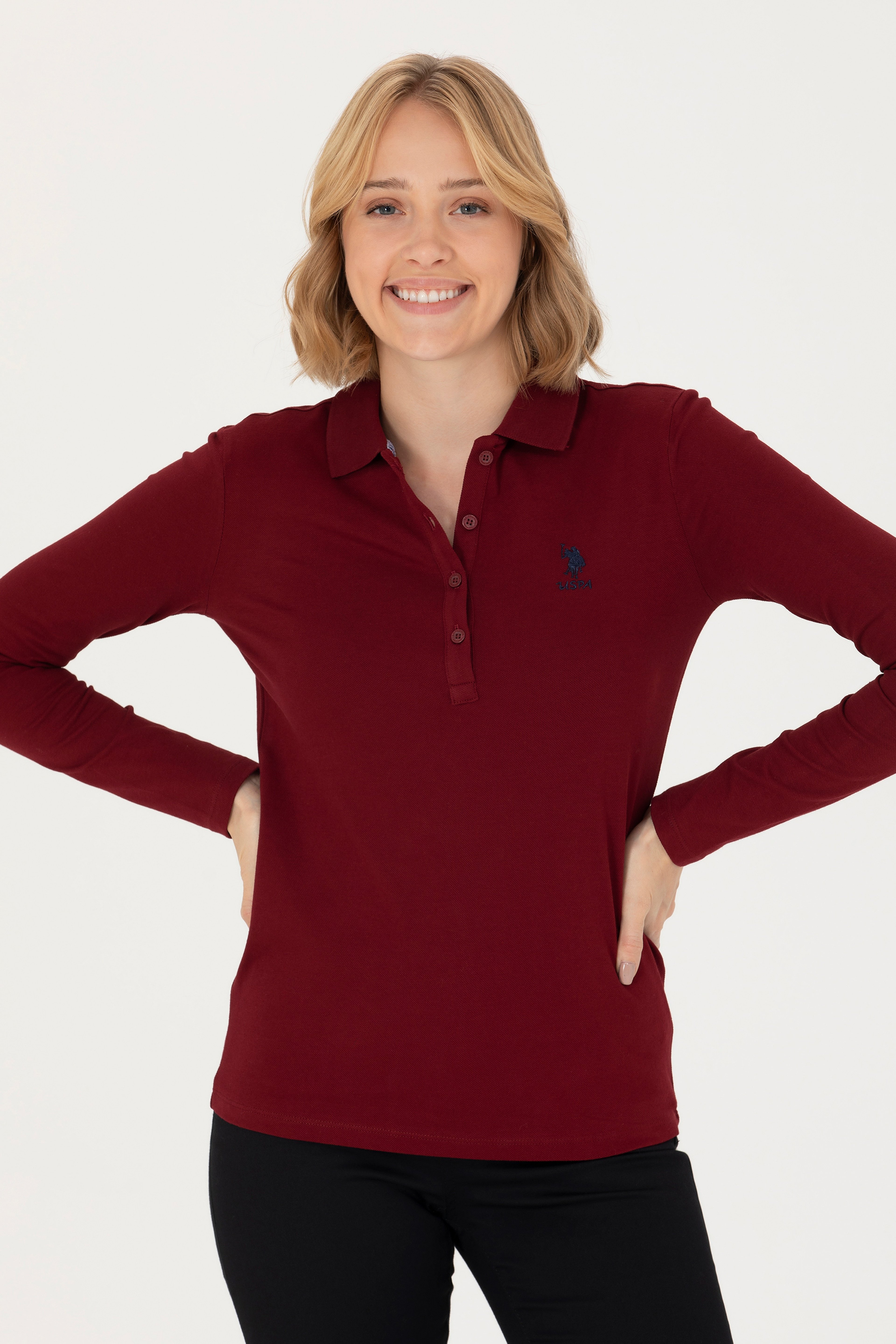Kadın Bordo Basic Polo Yaka Sweatshirt - Image 3