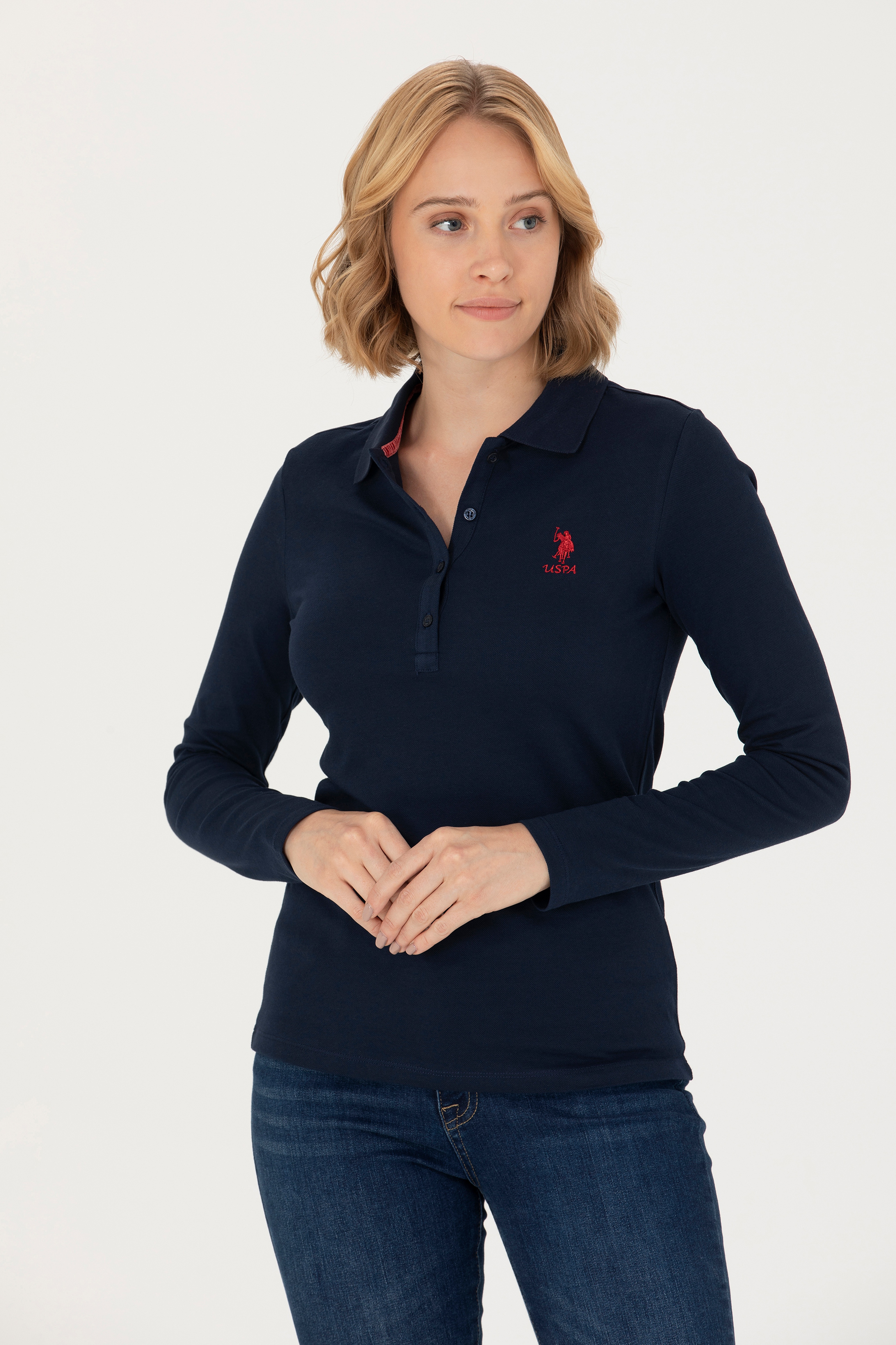 Kadın Lacivert Basic Polo Yaka Sweatshirt - Image 1