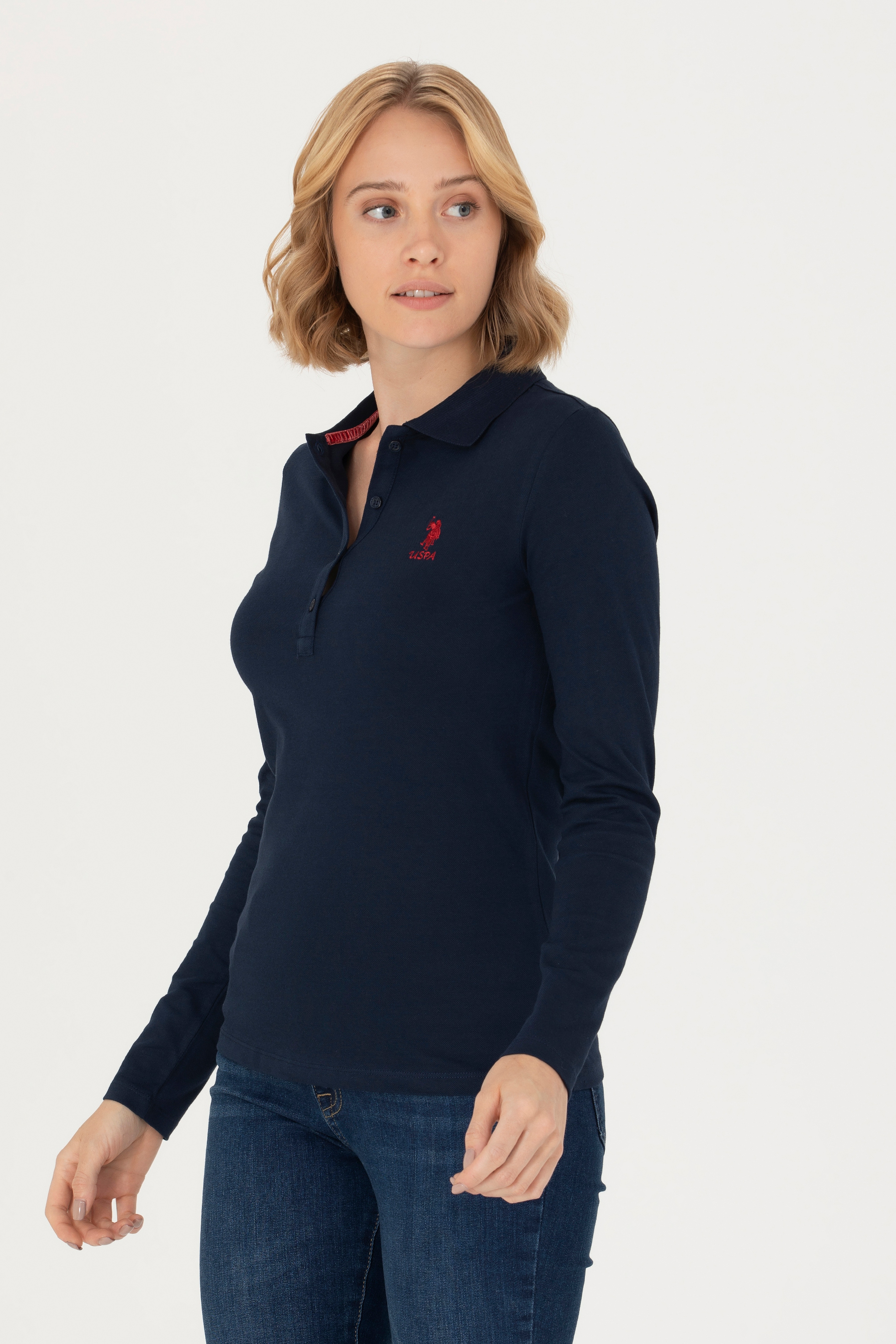 Kadın Lacivert Basic Polo Yaka Sweatshirt - Image 3