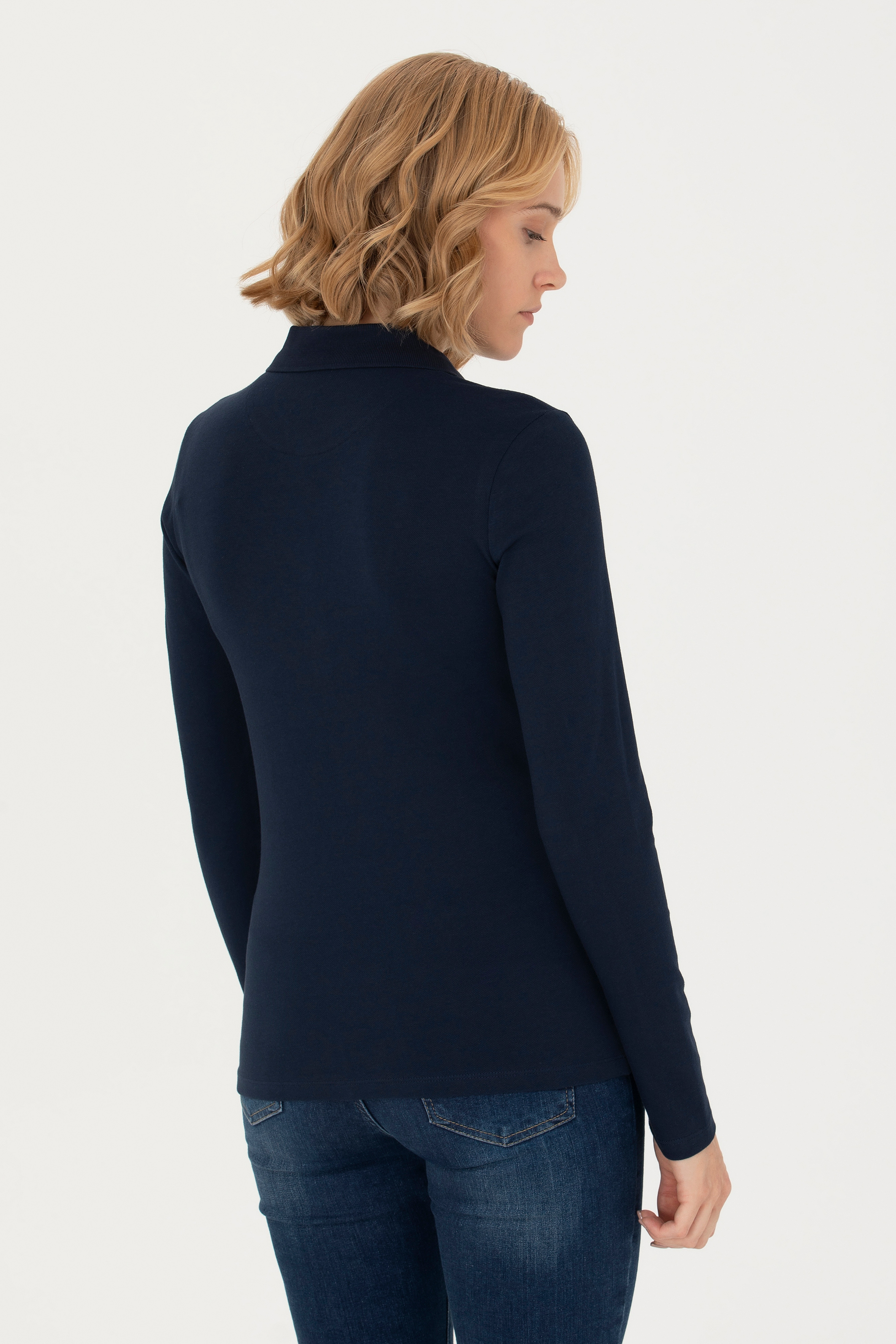 Kadın Lacivert Basic Polo Yaka Sweatshirt - Image 5