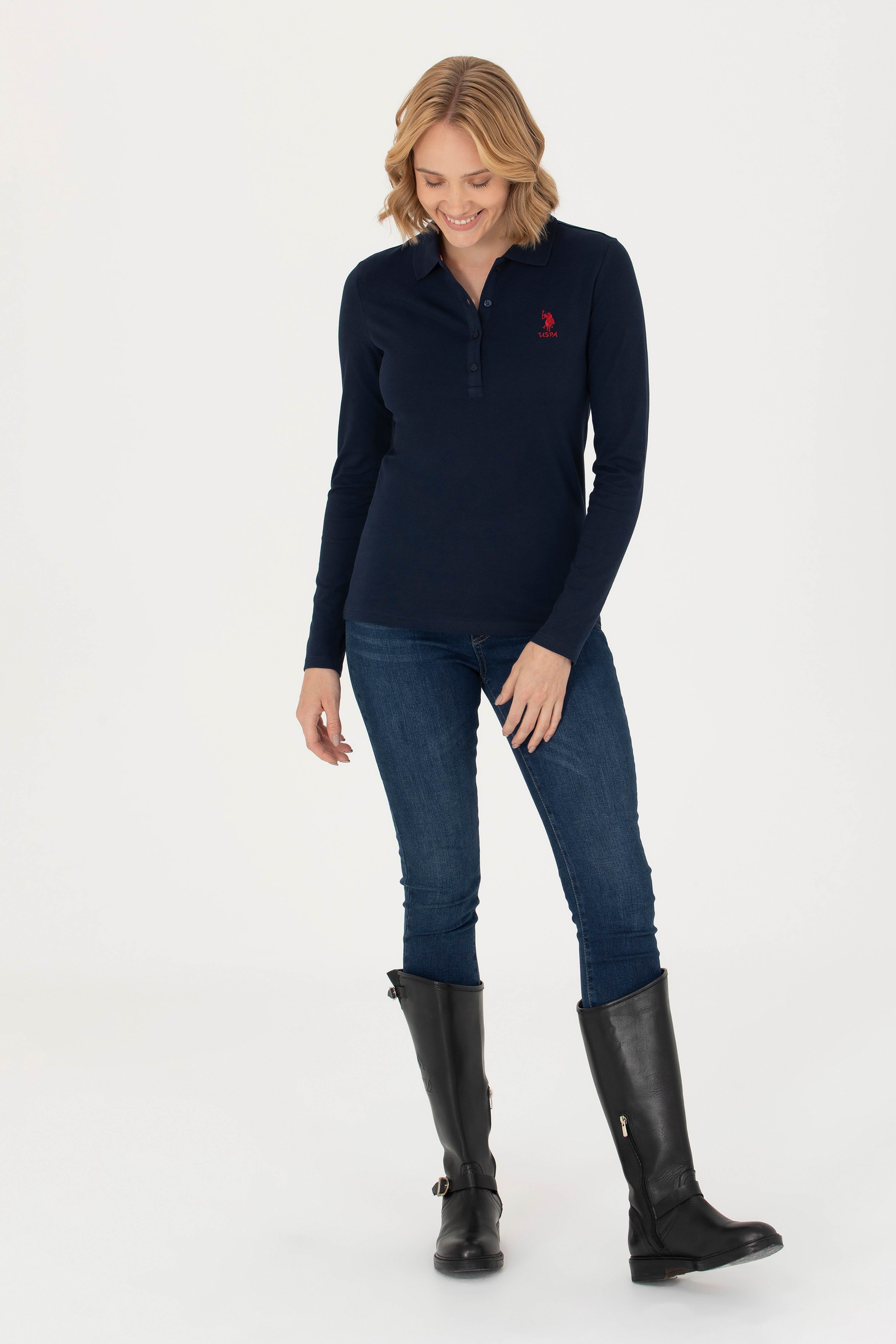 Kadın Lacivert Basic Polo Yaka Sweatshirt - Image 4