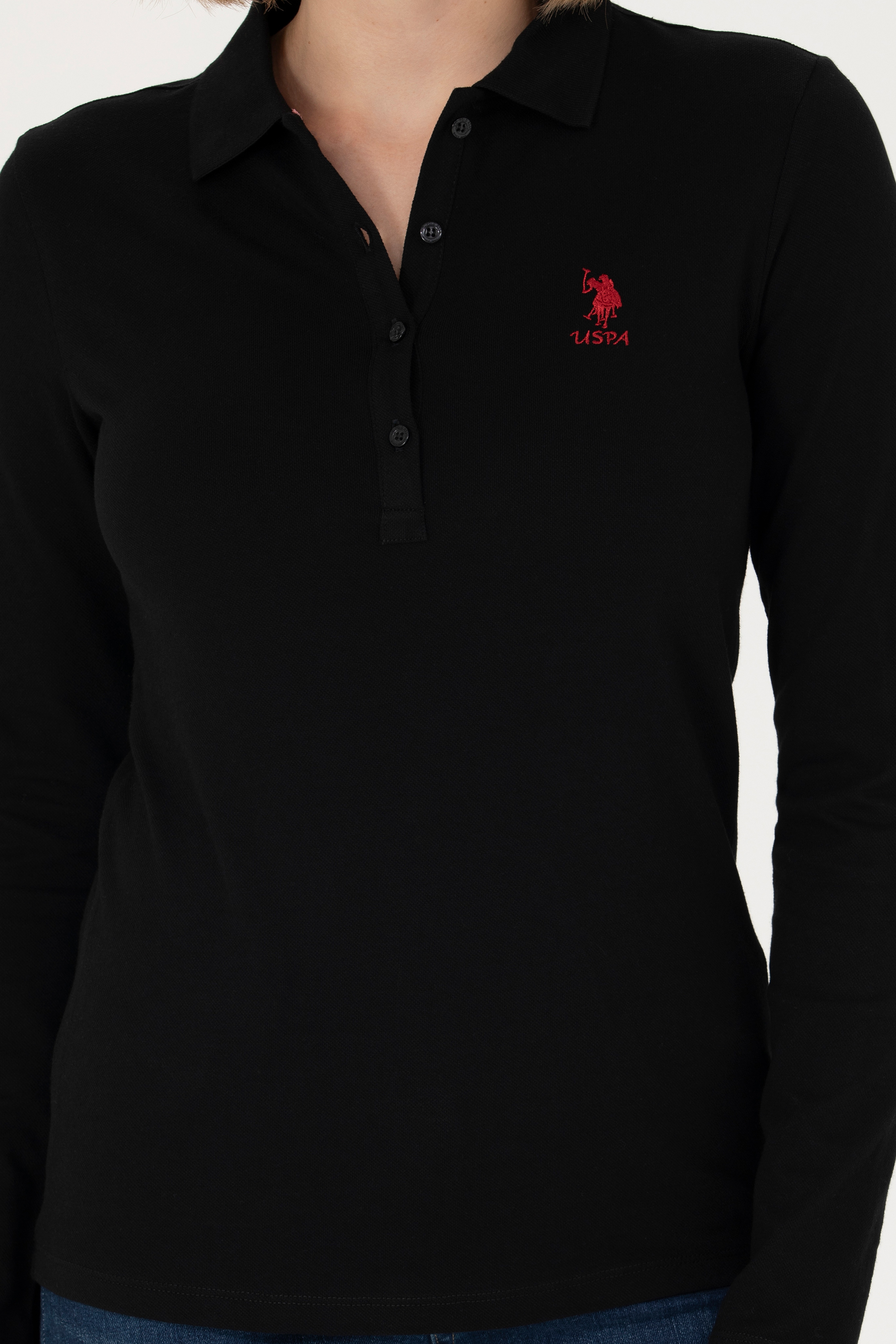 Kadın Siyah Basic Polo Yaka Sweatshirt