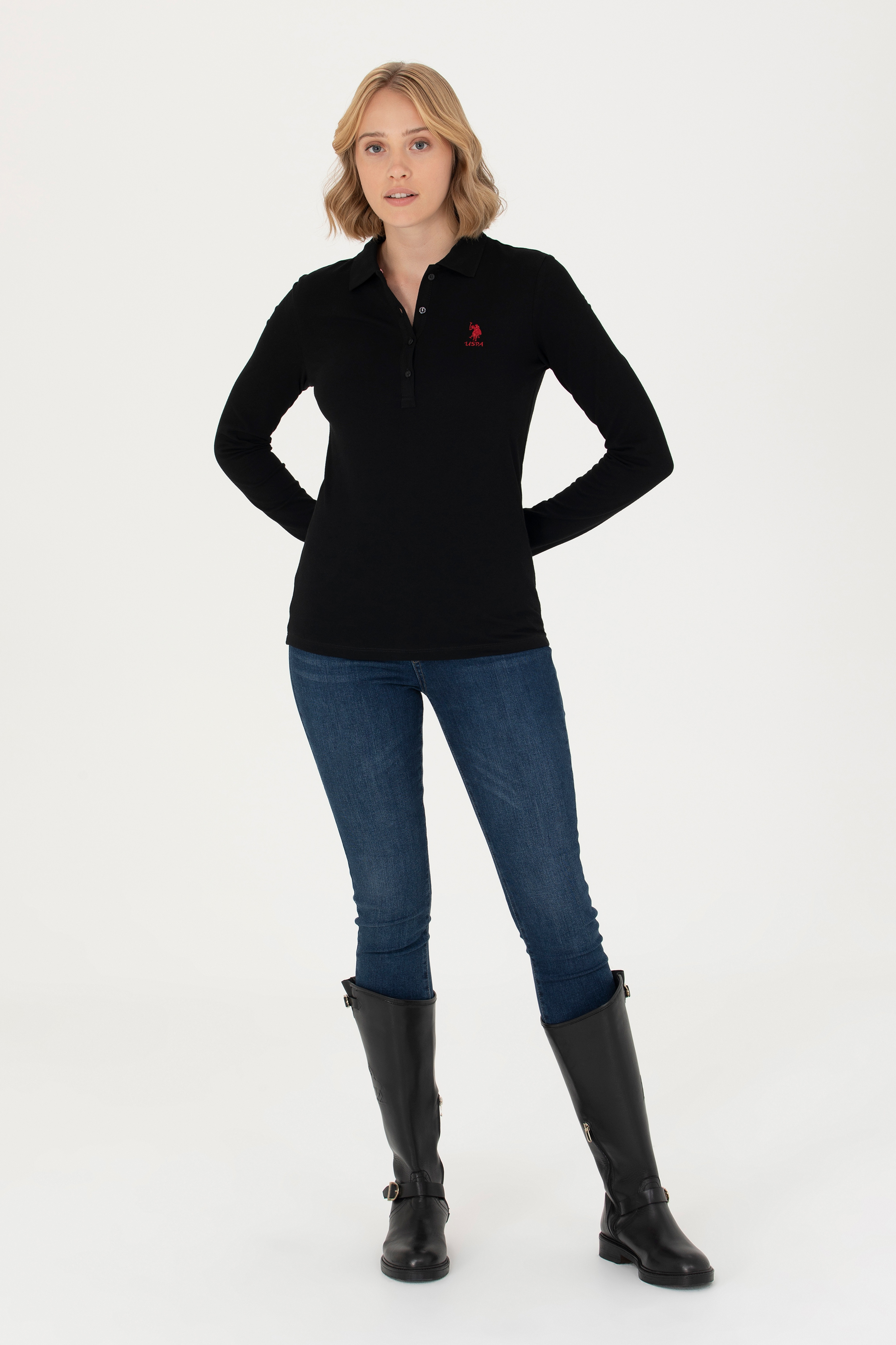 Kadın Siyah Basic Polo Yaka Sweatshirt - Image 4