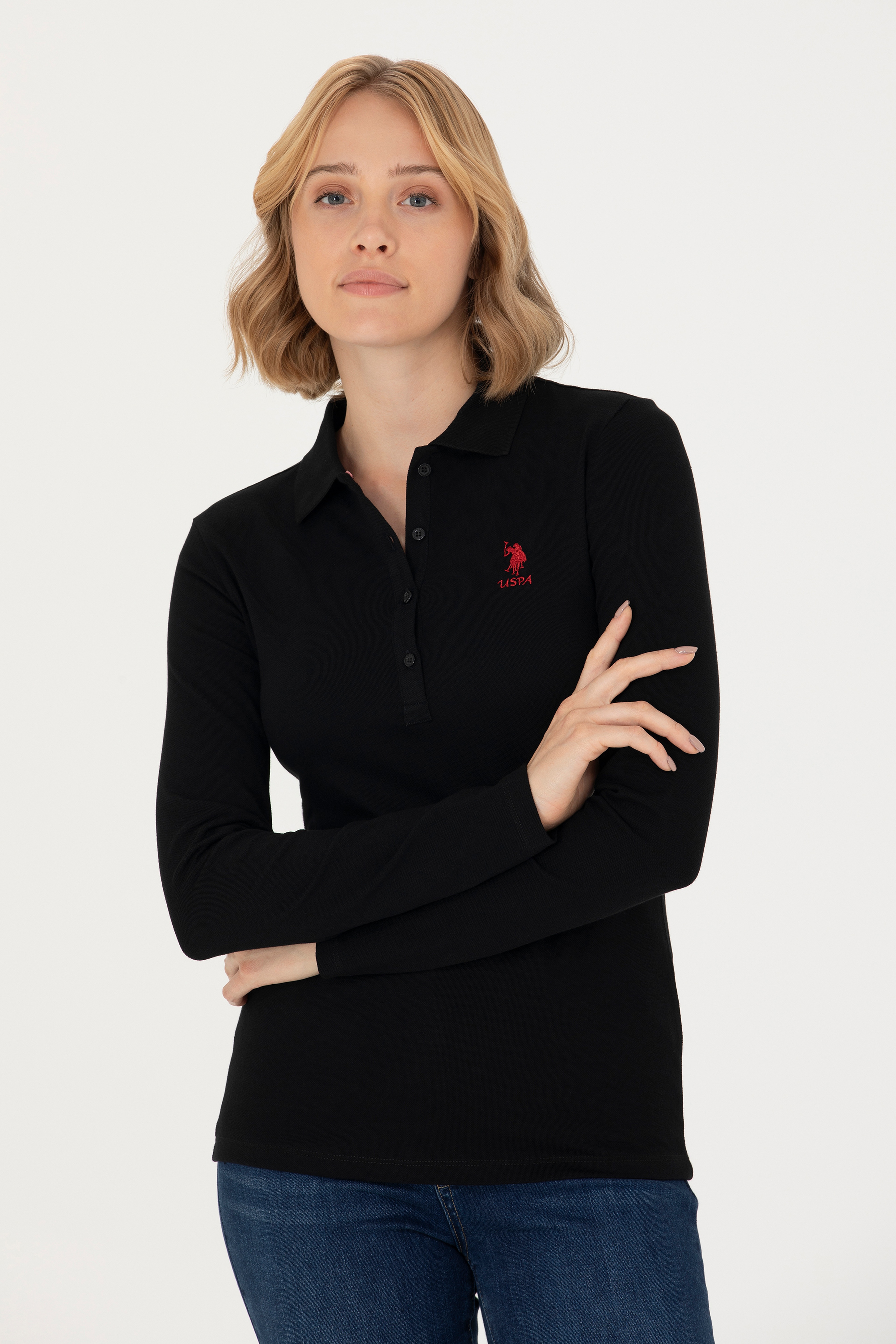 Kadın Siyah Basic Polo Yaka Sweatshirt - Image 1