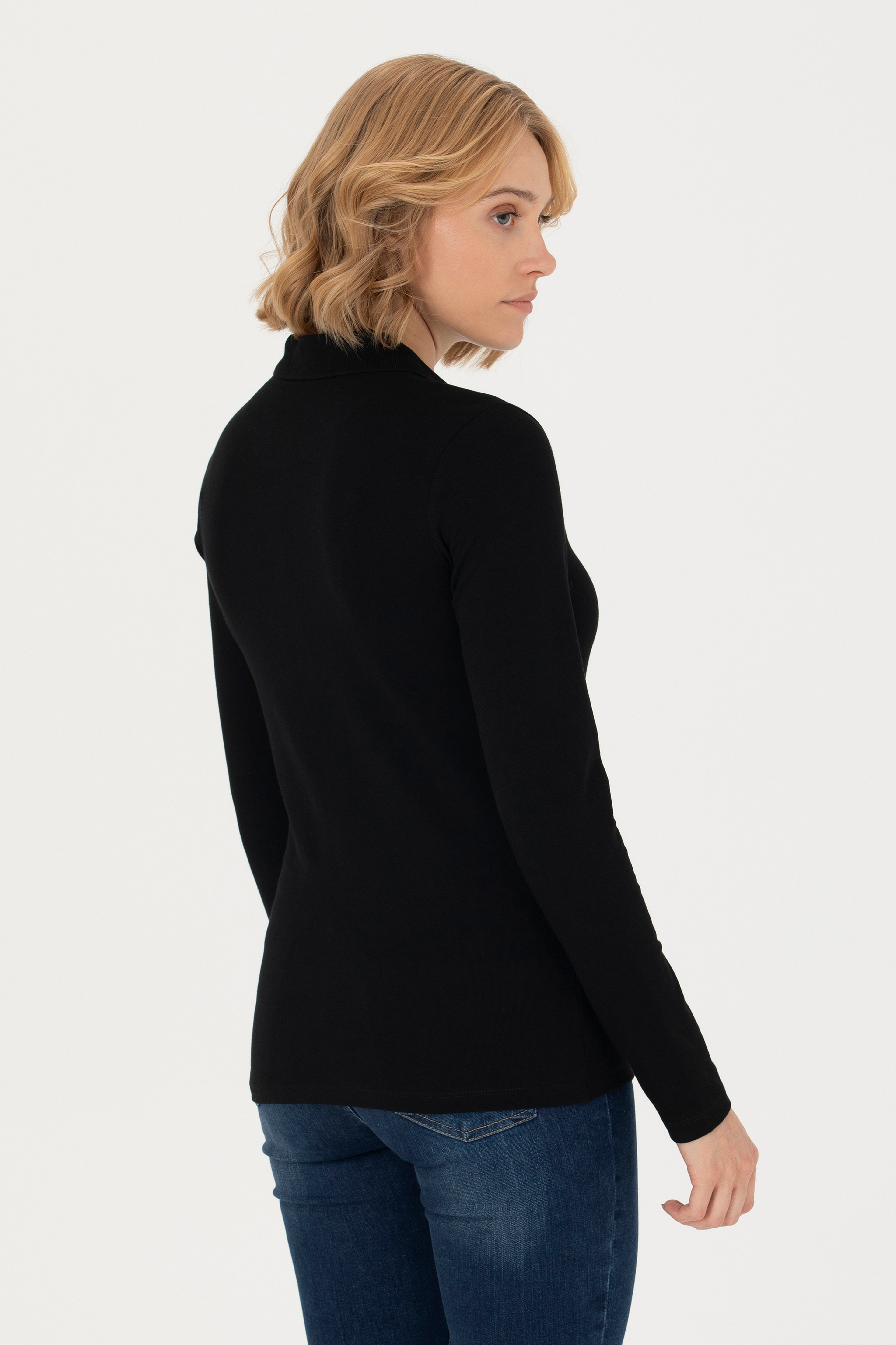Kadın Siyah Basic Polo Yaka Sweatshirt