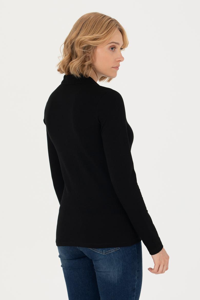 Kadın Siyah Basic Polo Yaka Sweatshirt - 50271573074