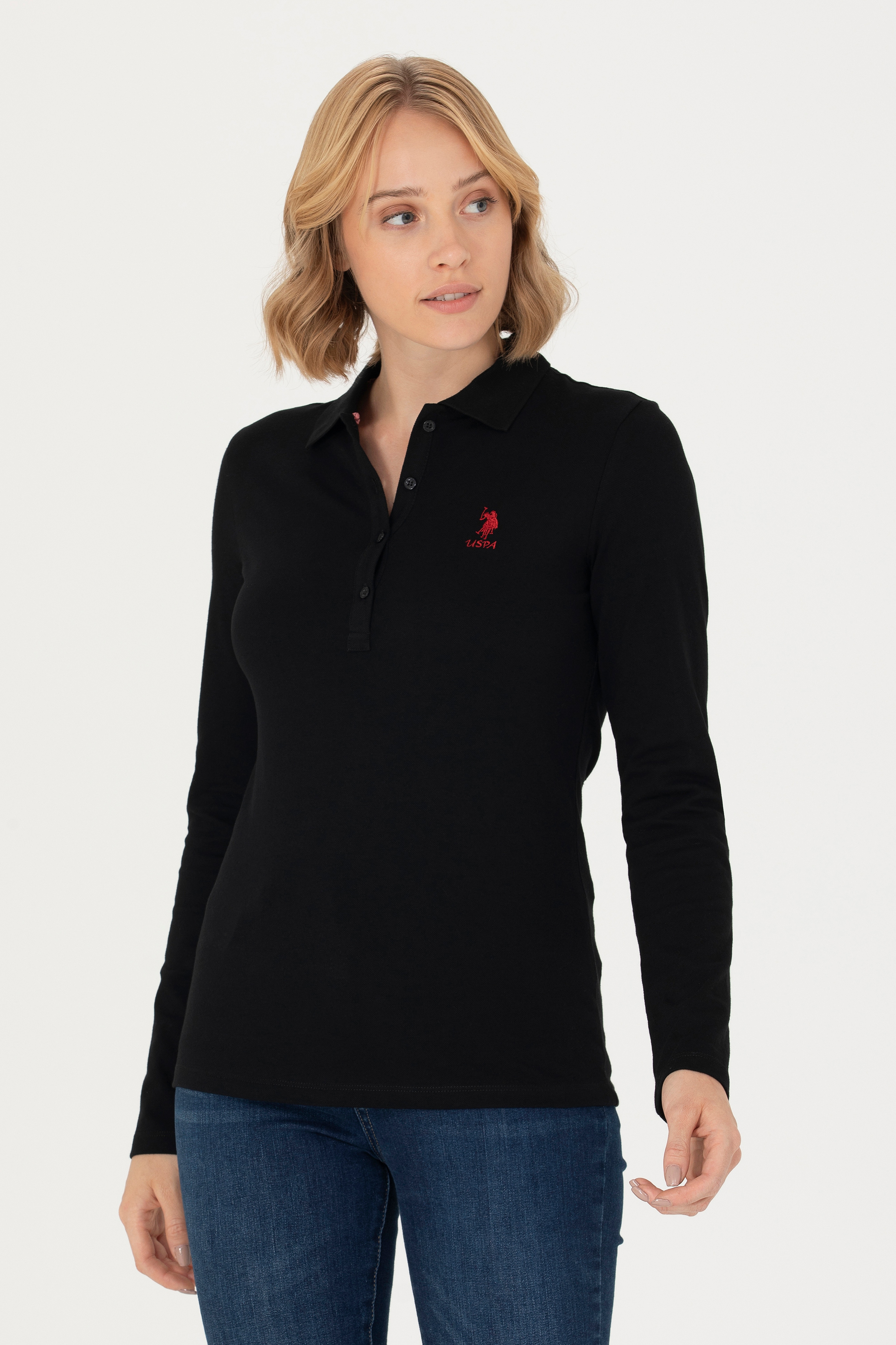 Kadın Siyah Basic Polo Yaka Sweatshirt - Image 3