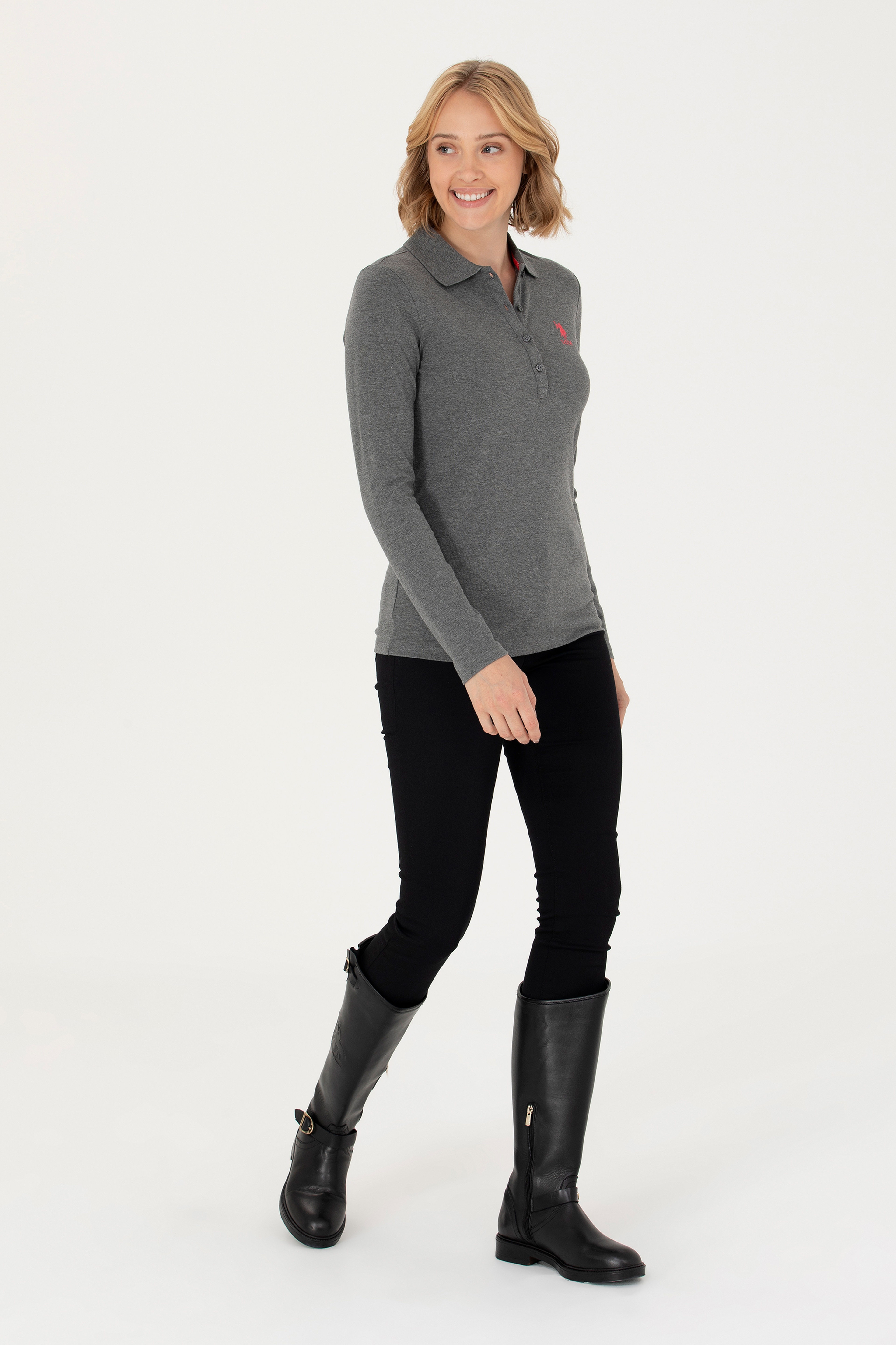 Kadın Antrasit Melanj Basic Polo Yaka Sweatshirt