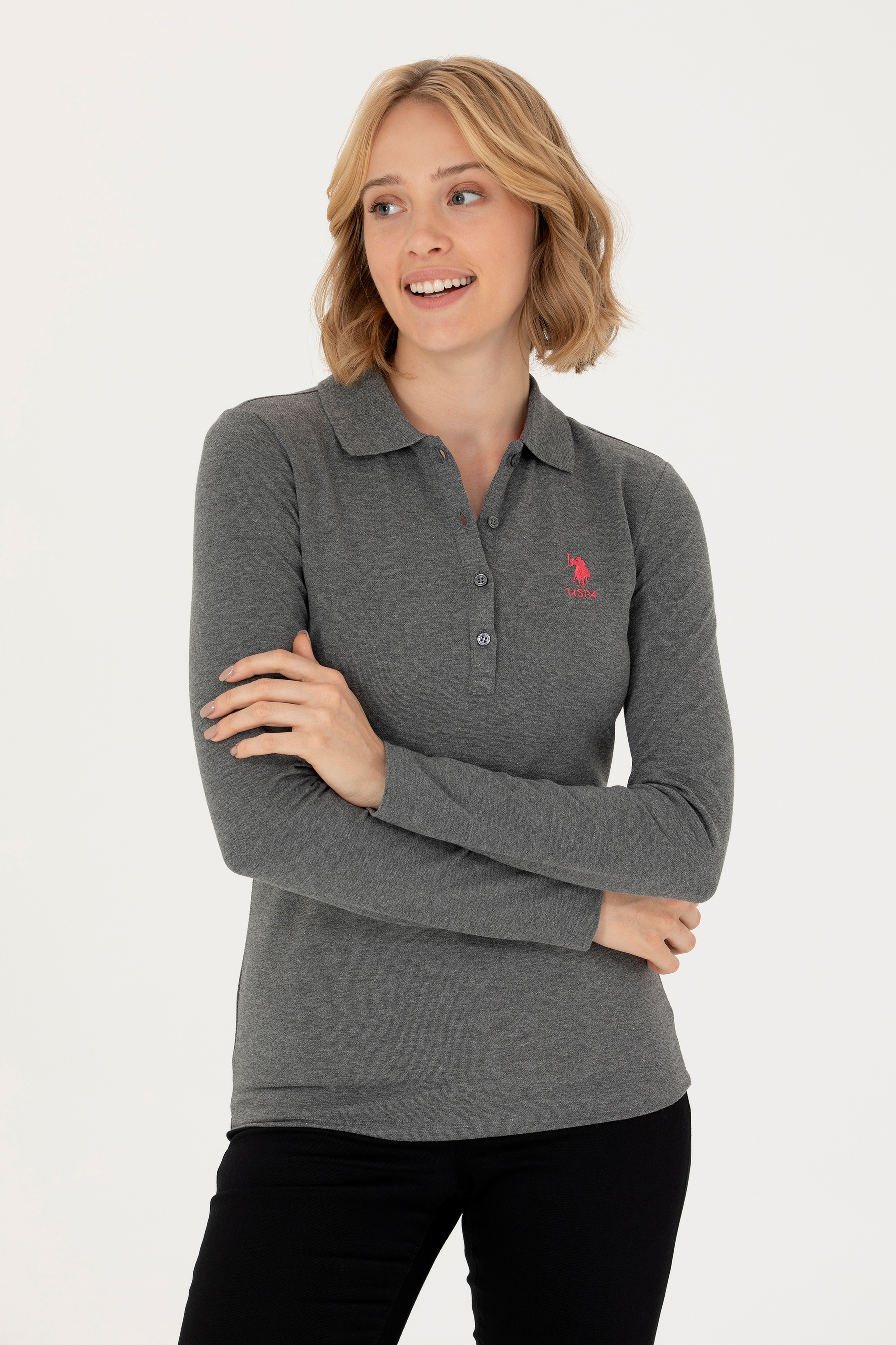 Kadın Antrasit Melanj Basic Polo Yaka Sweatshirt - Image 1