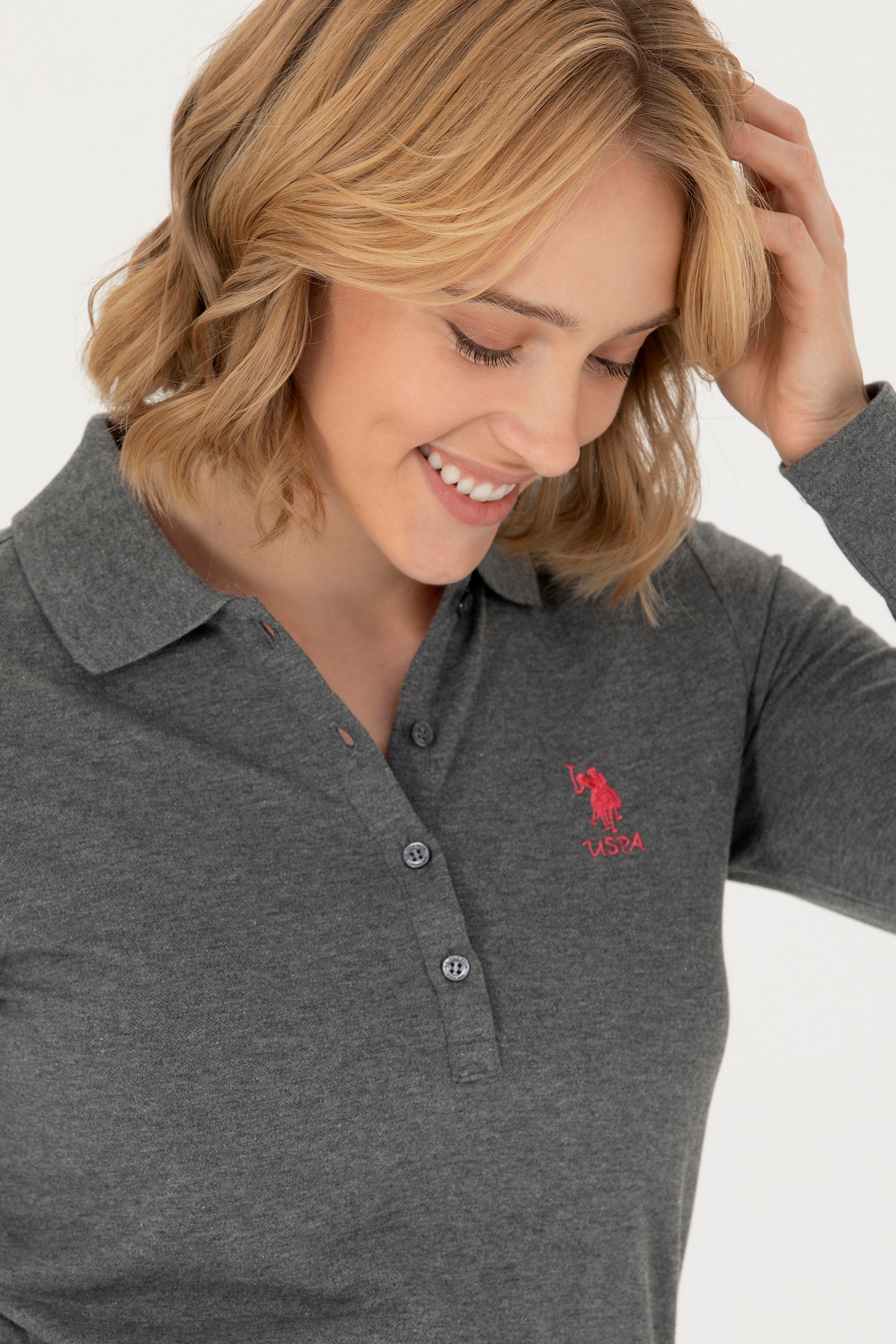 Kadın Antrasit Melanj Basic Polo Yaka Sweatshirt